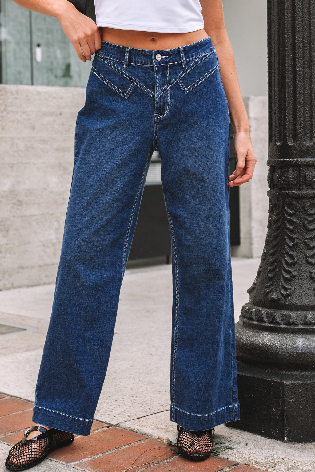 Sail Blue Loose Cuffed Jeans Stitched Waist Detail Women UK 4-16