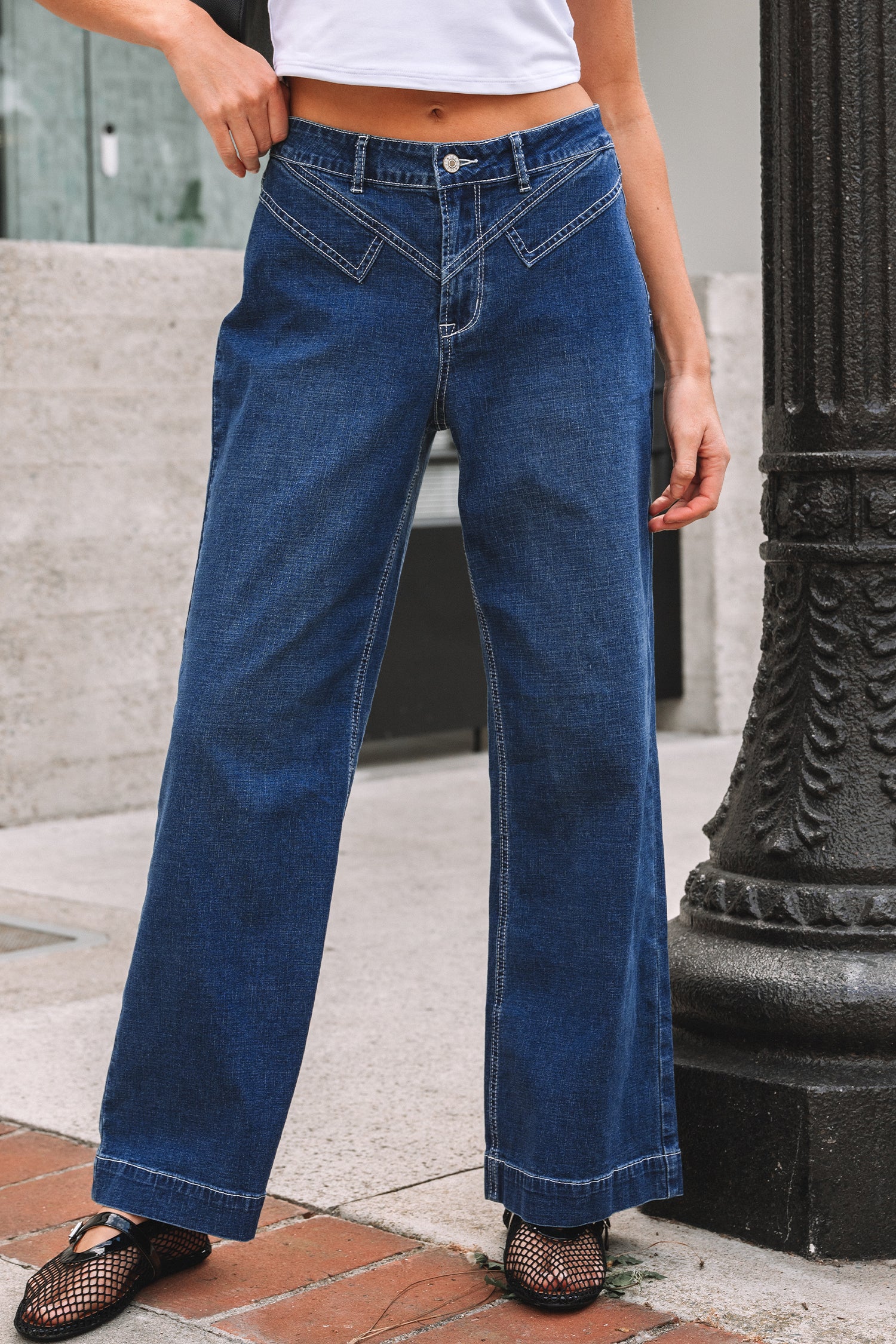 Sail Blue Loose Cuffed Jeans Stitched Waist Detail Women UK 4-16