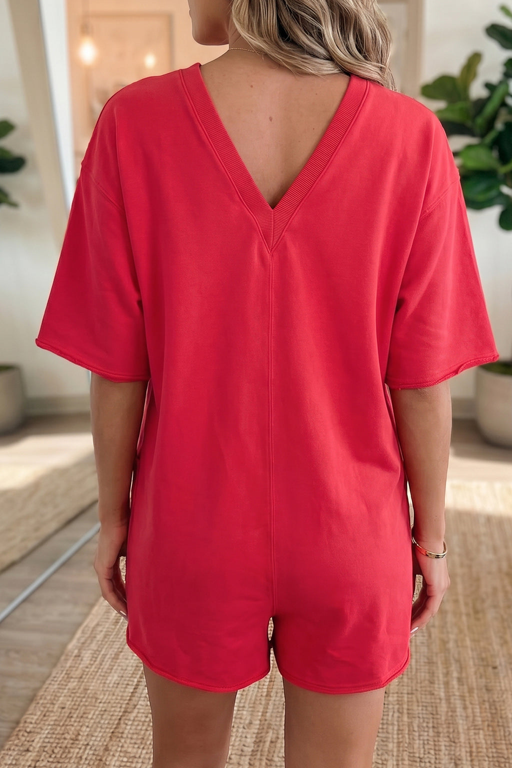 Solid Colour Raw Edge Half Sleeve Pocketed Loose Romper | Green, Pink & Red | UK 8-22