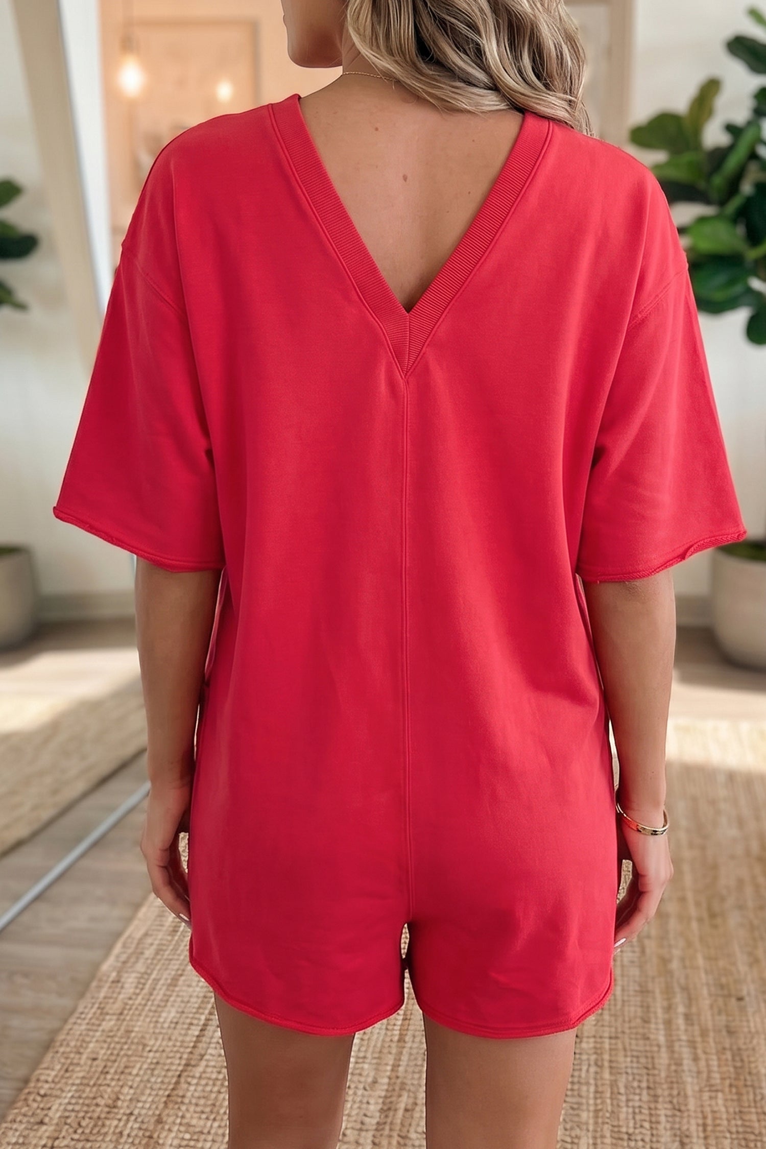 Solid Colour Raw Edge Half Sleeve Pocketed Loose Romper | Green, Pink & Red | UK 8-22