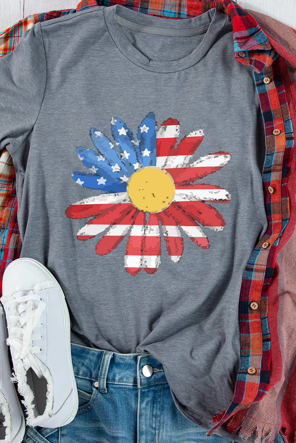 Shop Gray Flag Pattern Sunflower Graphic Crew Neck Tee S-3XL at LivelyLooks