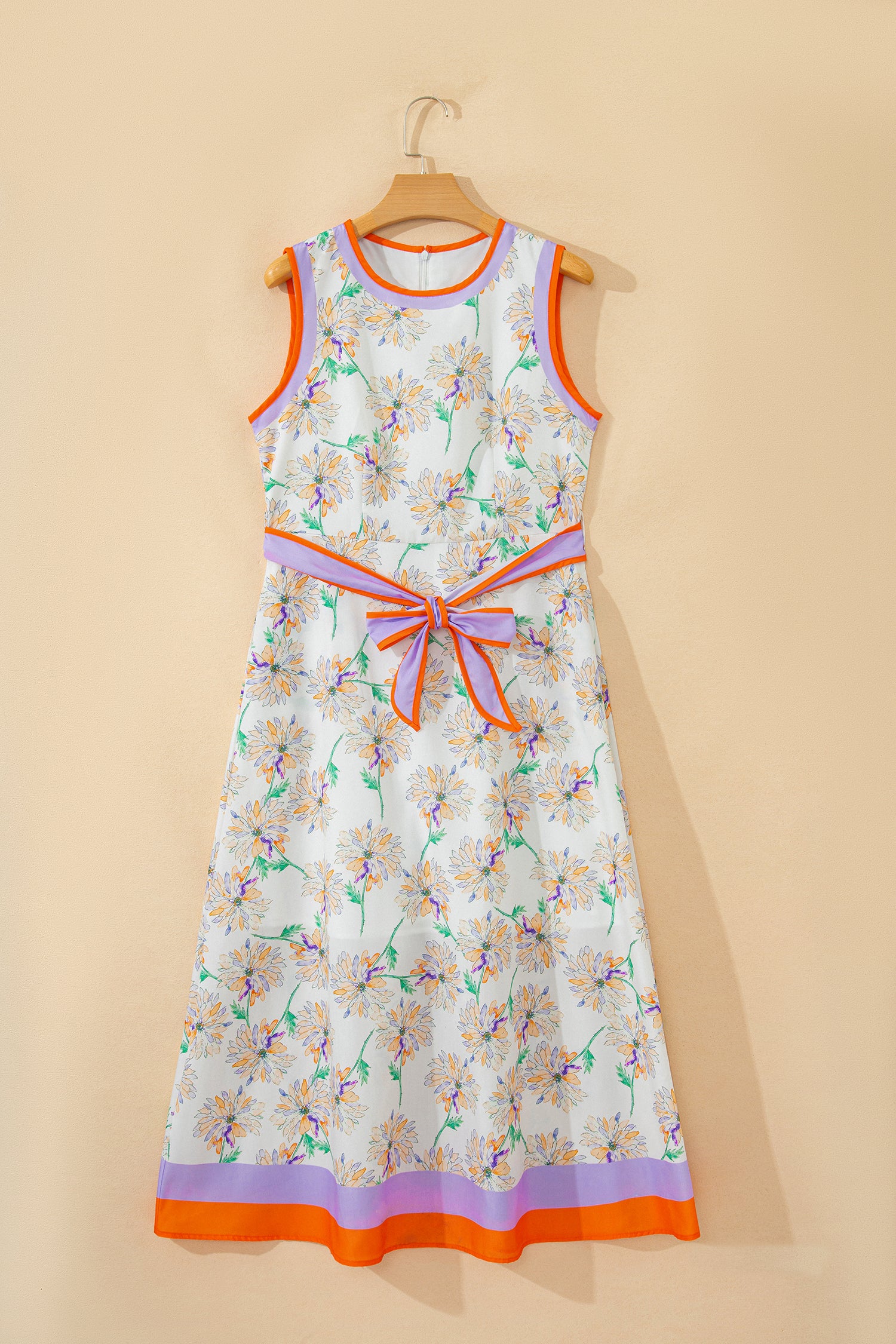 Women's White Floral Print Colour Block Trim Belted Sleeveless Maxi Dress at LivelyLooks