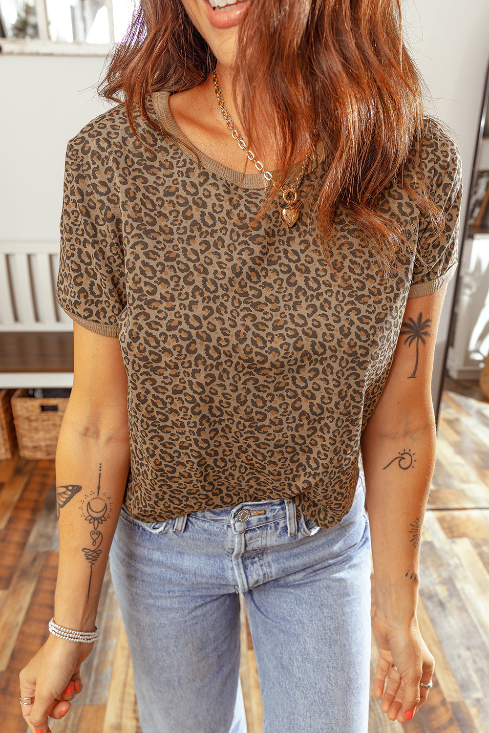 Khaki Fierce Leopard Print Crew Neck T-Shirt
