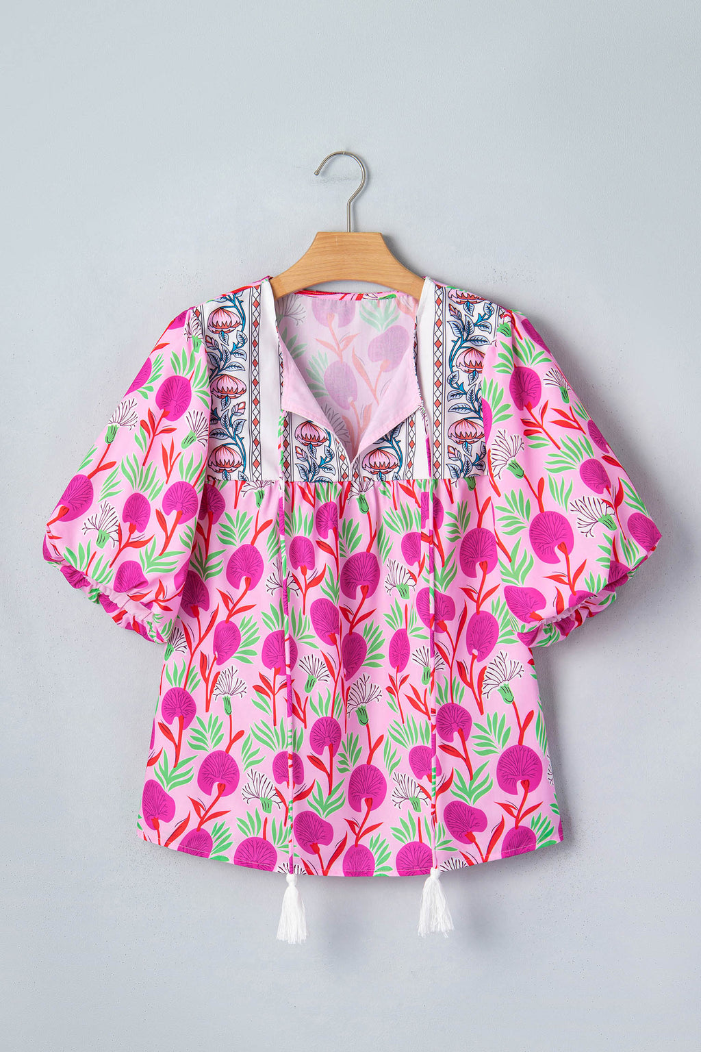 Shop Pink Floral Print Short Sleeve Contrast Patchwork Tassel Tie Blouse at LivelyLooks