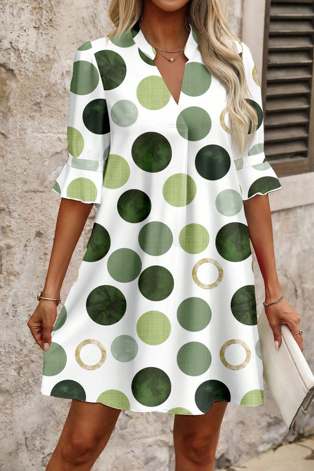 Polka Dot Flounced Half Sleeve V-Neck Mini Dress | Blue & Green | Sizes 8-22