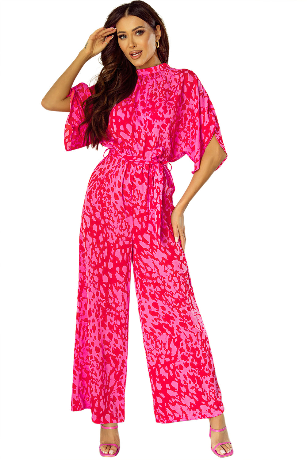 Shop Rose Leopard Print Belted Wide Leg Jumpsuit at LivelyLooks
