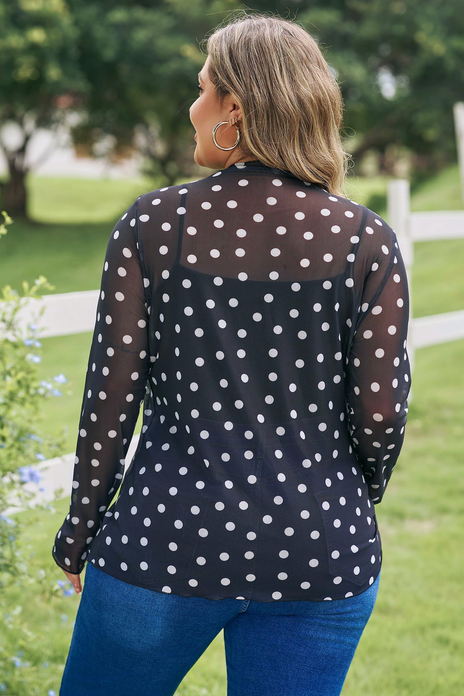 Black Plus Size Polka Dot Mock Neck Long Sleeve Mesh Top