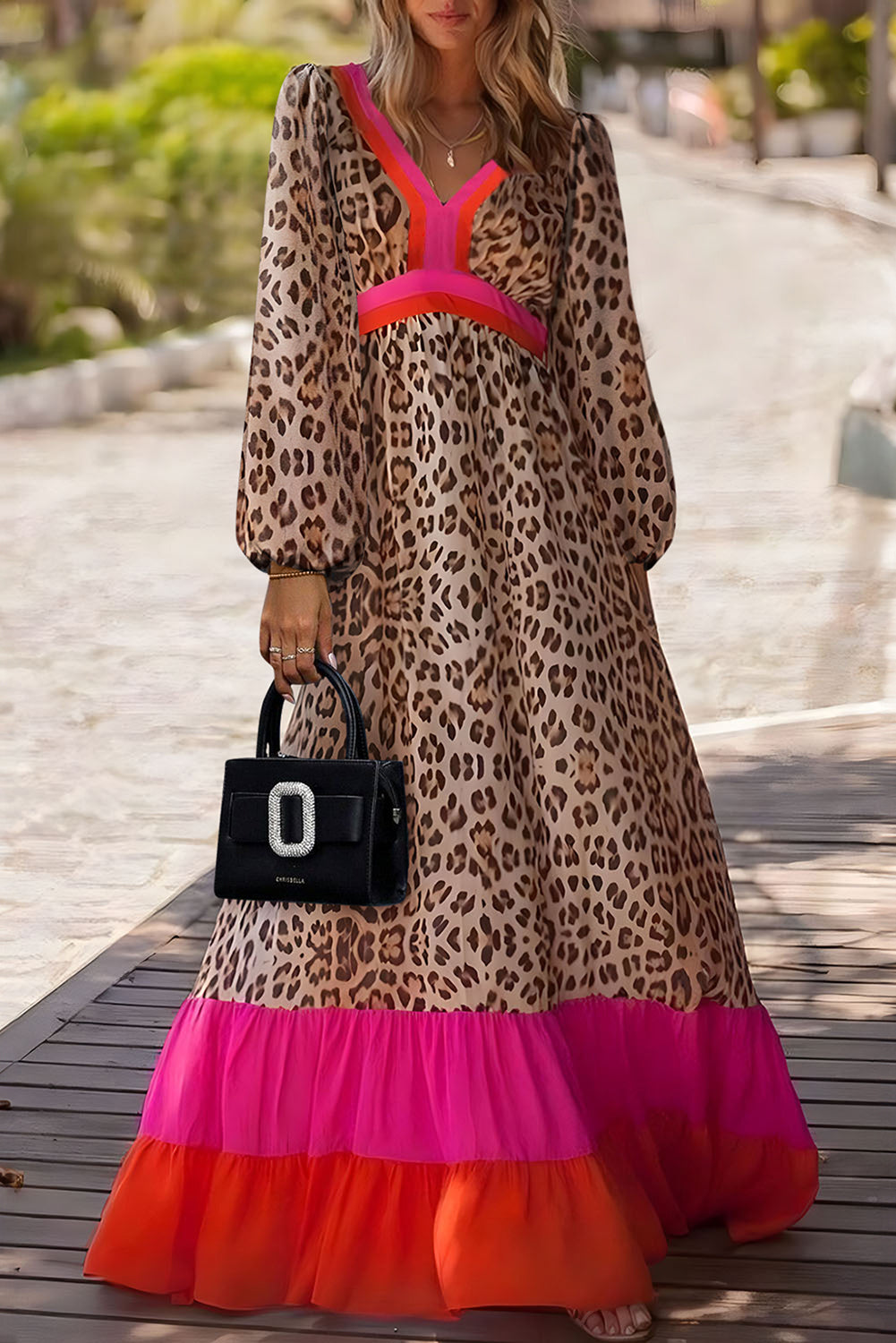LivelyLooks Brown Leopard Colour Block V-Neck Loose Fit Maxi Dress Animal Print Summer Smock women's fashion