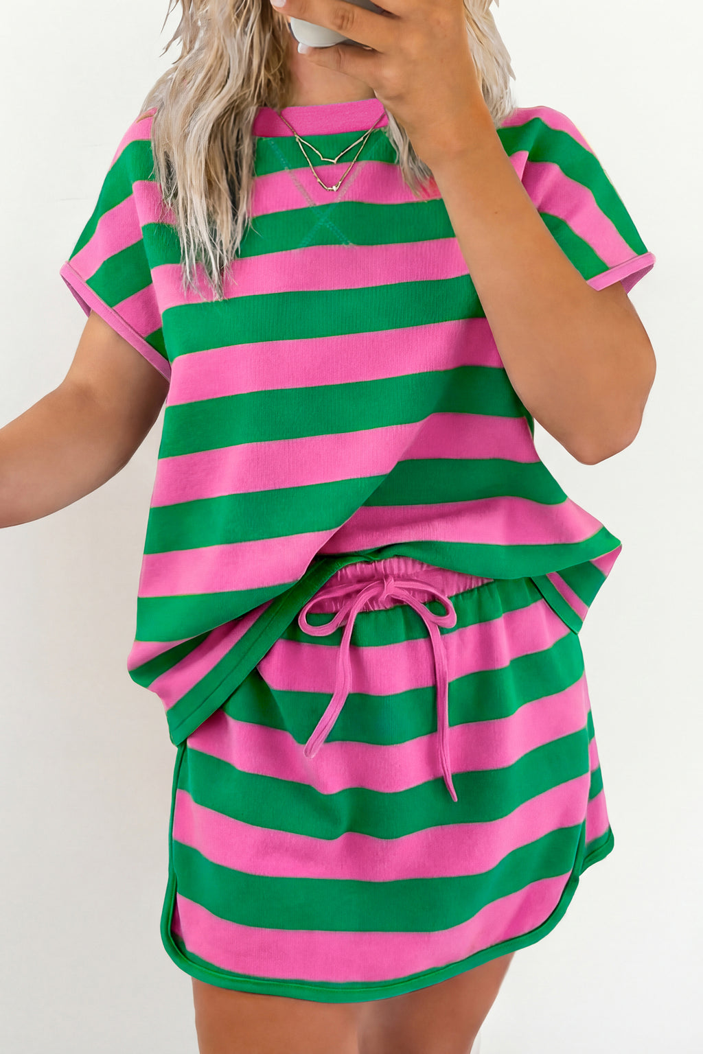 Striped Dolman Tee & Drawstring Skort Set – Pink, Rose & Yellow