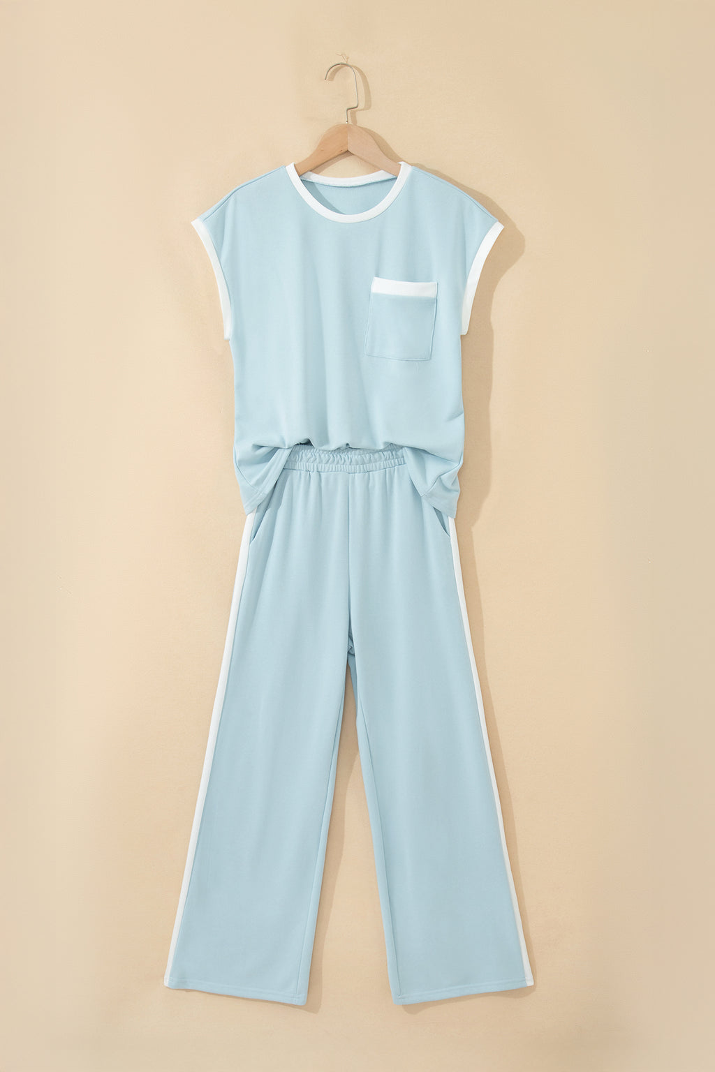 Mist Blue Contrast Trim Pocketed Boxy Tank Top & Wide Leg Pant Set | UK 8–22