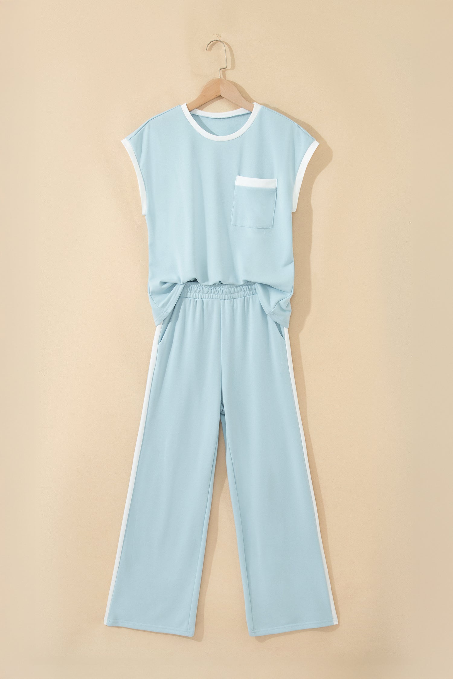 Mist Blue Contrast Trim Pocketed Boxy Tank Top & Wide Leg Pant Set | UK 8–22