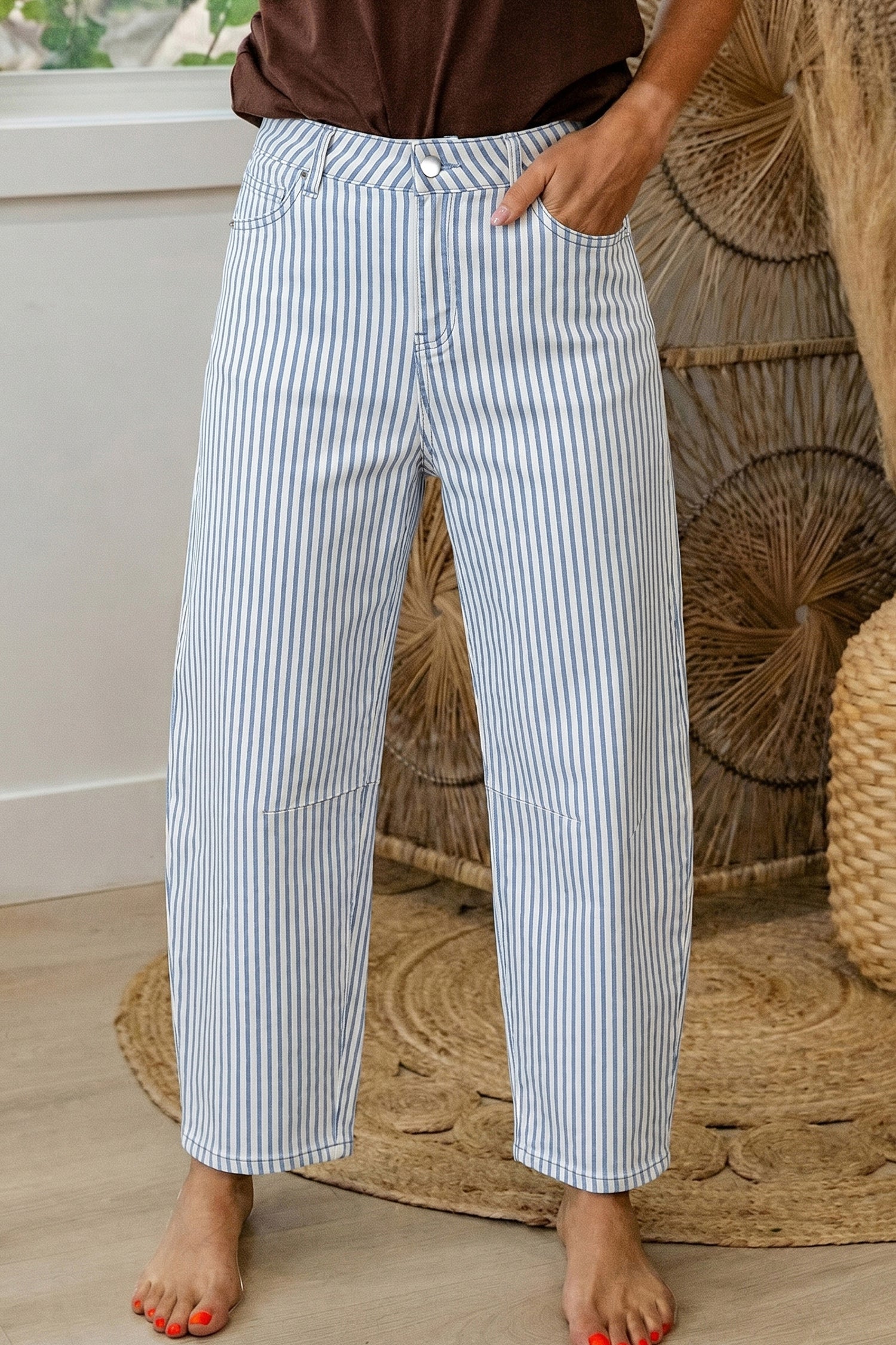 Shop Stripe Casual Barrel Leg Jeans UK 8-20 at LivelyLooks