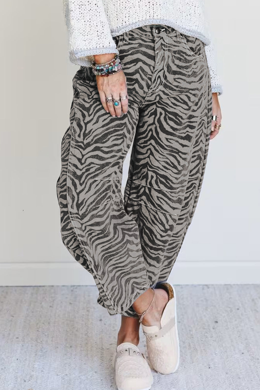 Women's Grey Zebra Print Barrel Leg Jeans Mid-Rise Wide Leg UK 4-16 at LivelyLooks