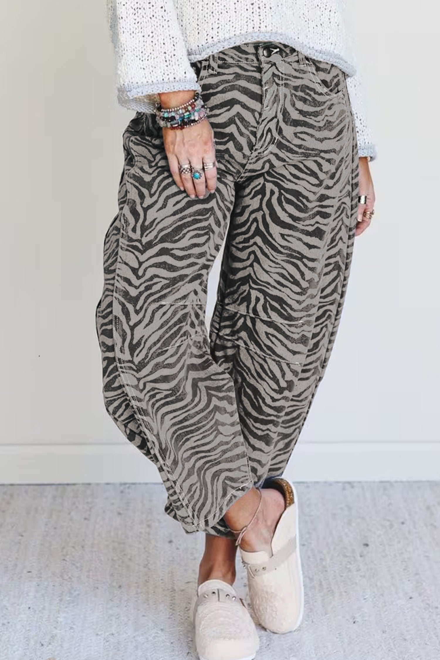 Women's Grey Zebra Print Barrel Leg Jeans Mid-Rise Wide Leg UK 4-16 at LivelyLooks