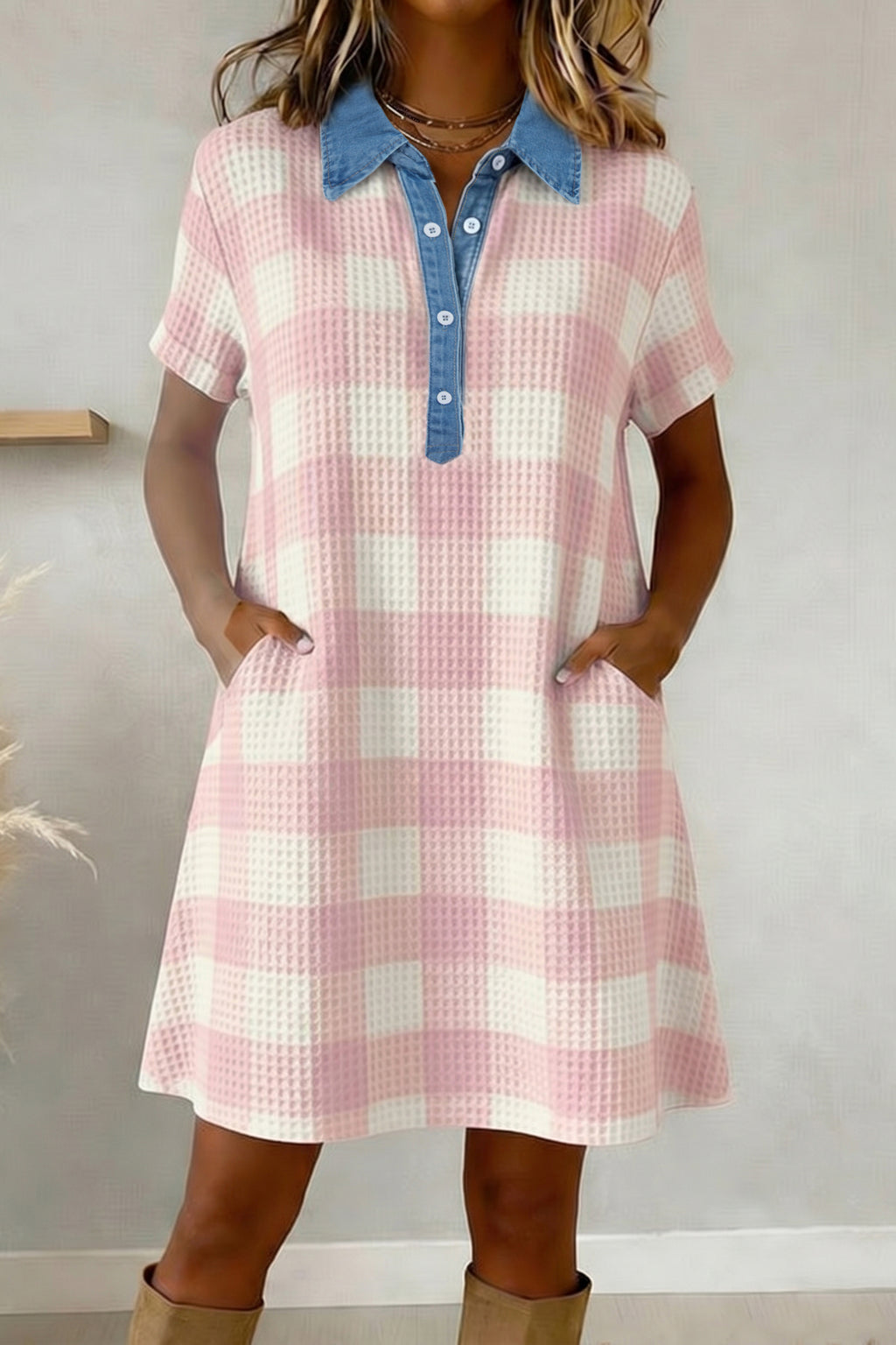 Pink Waffle Plaid Contrast Denim Shirt Collar Buttoned Mini Dress S-XL