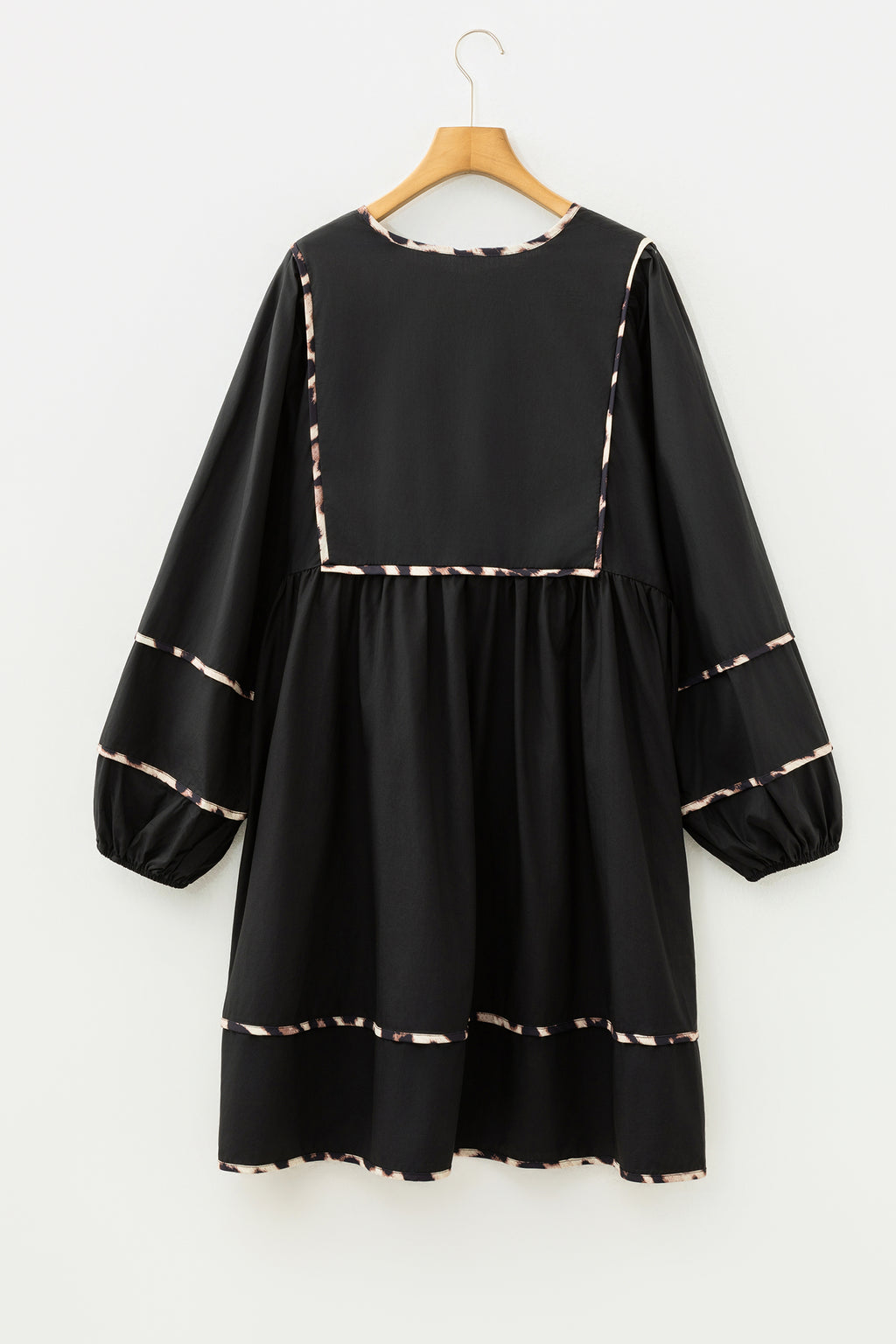 Black Plus Size Leopard Tie Neck Long Sleeve Flared Mini Dress UK 18–32