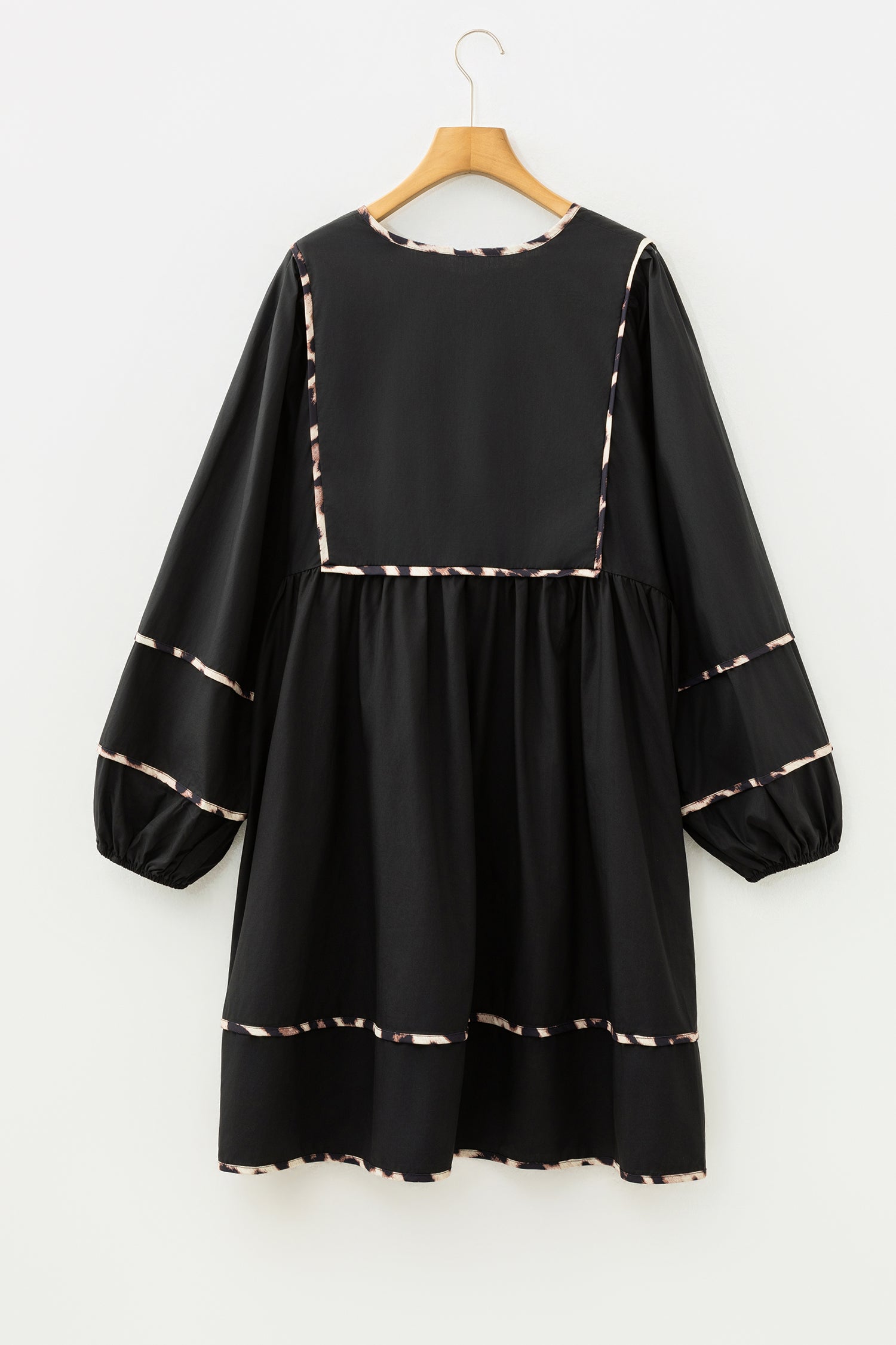 Black Plus Size Leopard Tie Neck Long Sleeve Flared Mini Dress UK 18–32
