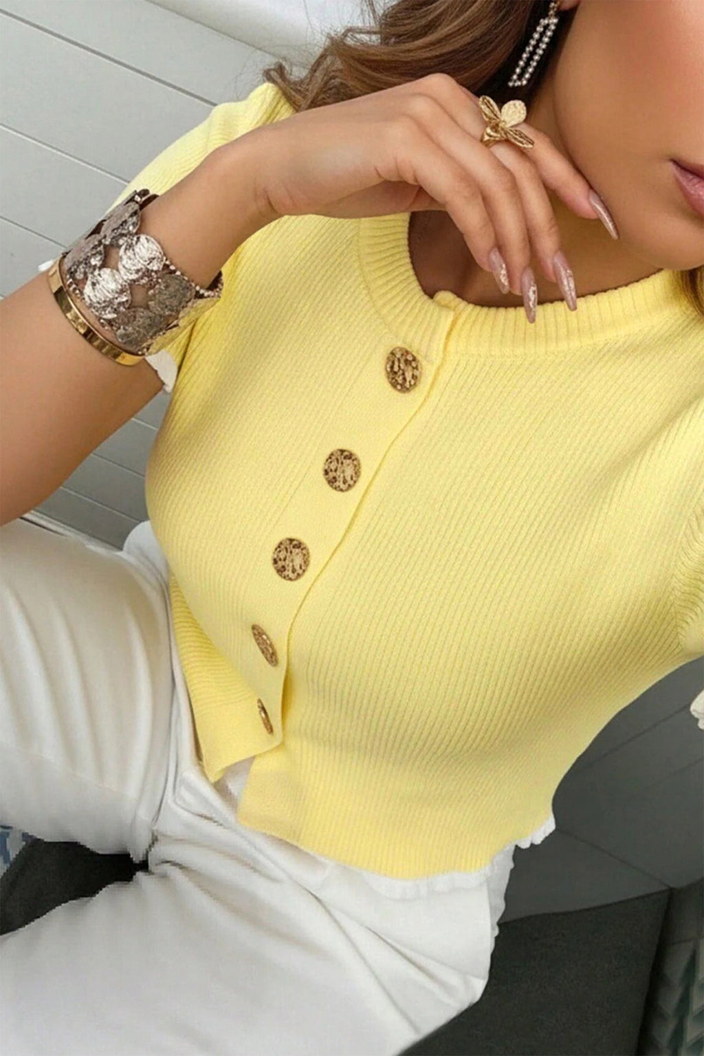 Yellow Ribbed Knit Contrast Trim Frilled Short Sleeve Cardigan