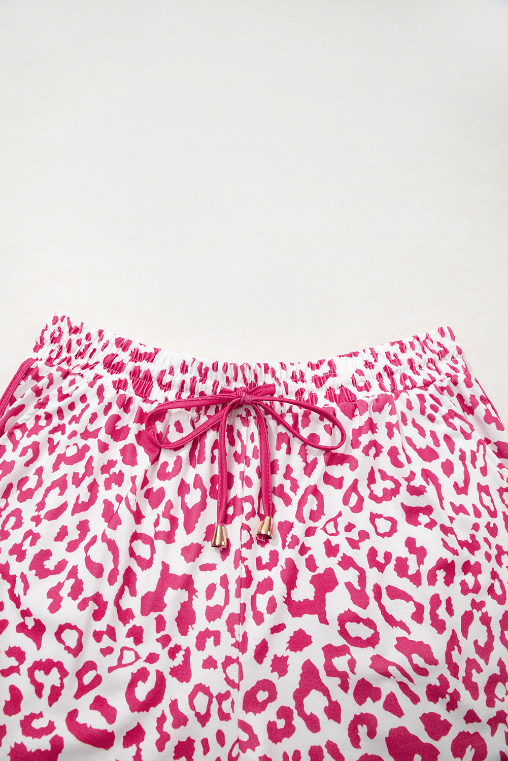 Women's Pink Leopard Elastic Waistband Lace up Contrast Trim Casual Shorts at LivelyLooks