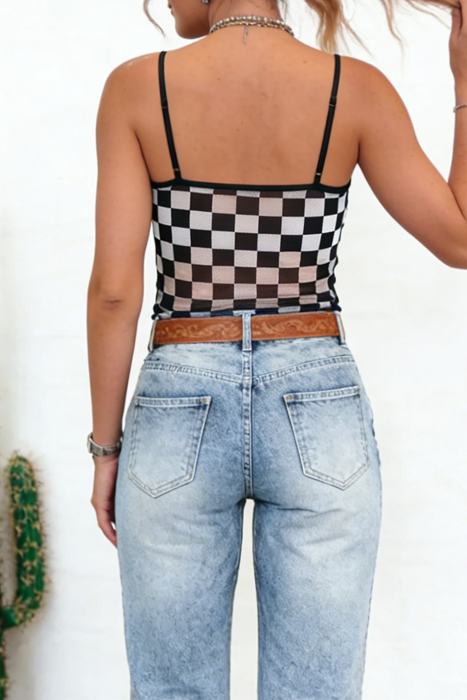 Black Sheer Checkered Print Spaghetti Strap Slim Tank Top