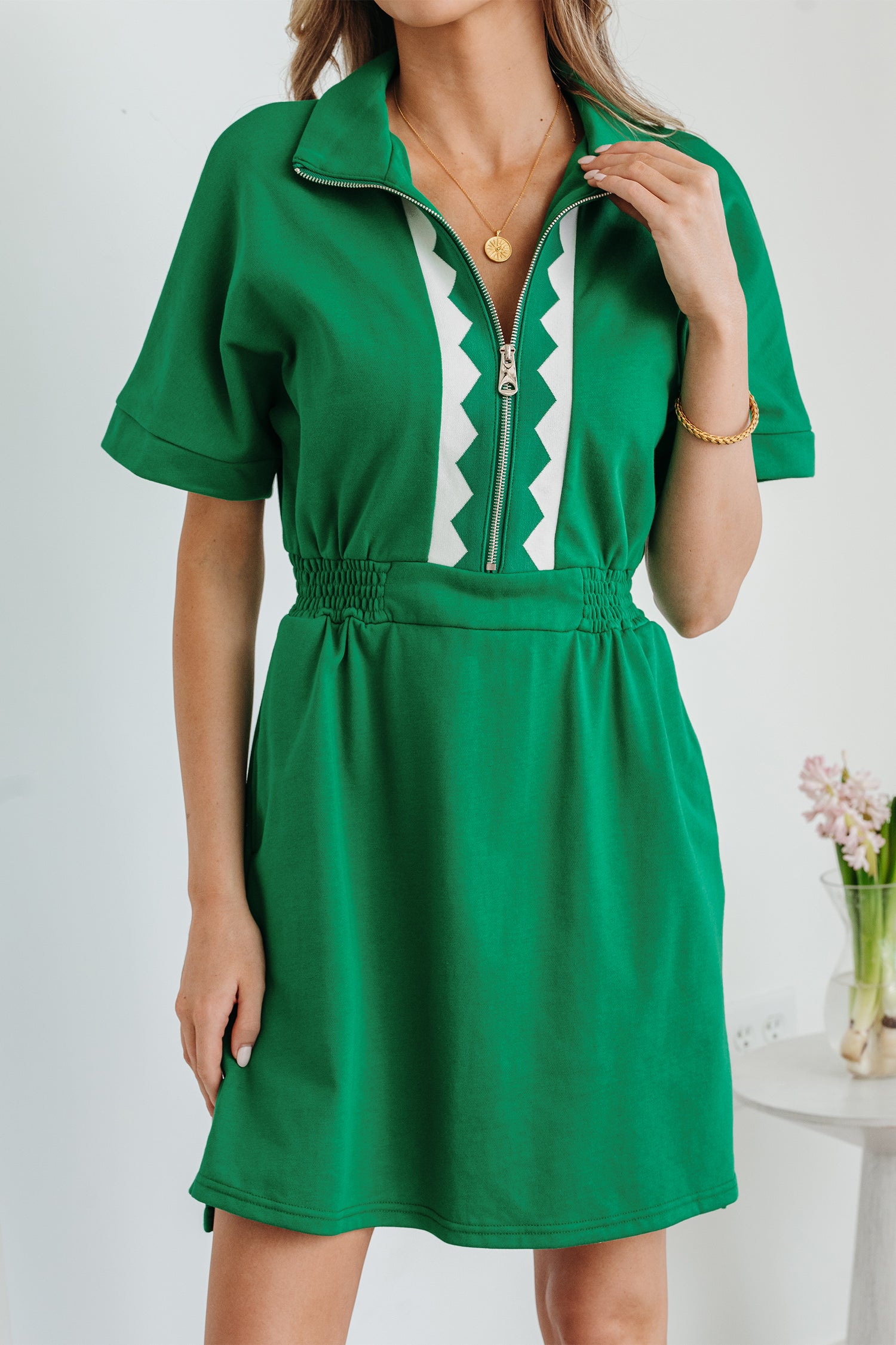 Bright Green Contrast Patchwork Half Zip Elastic Waist Mini Dress S-XL