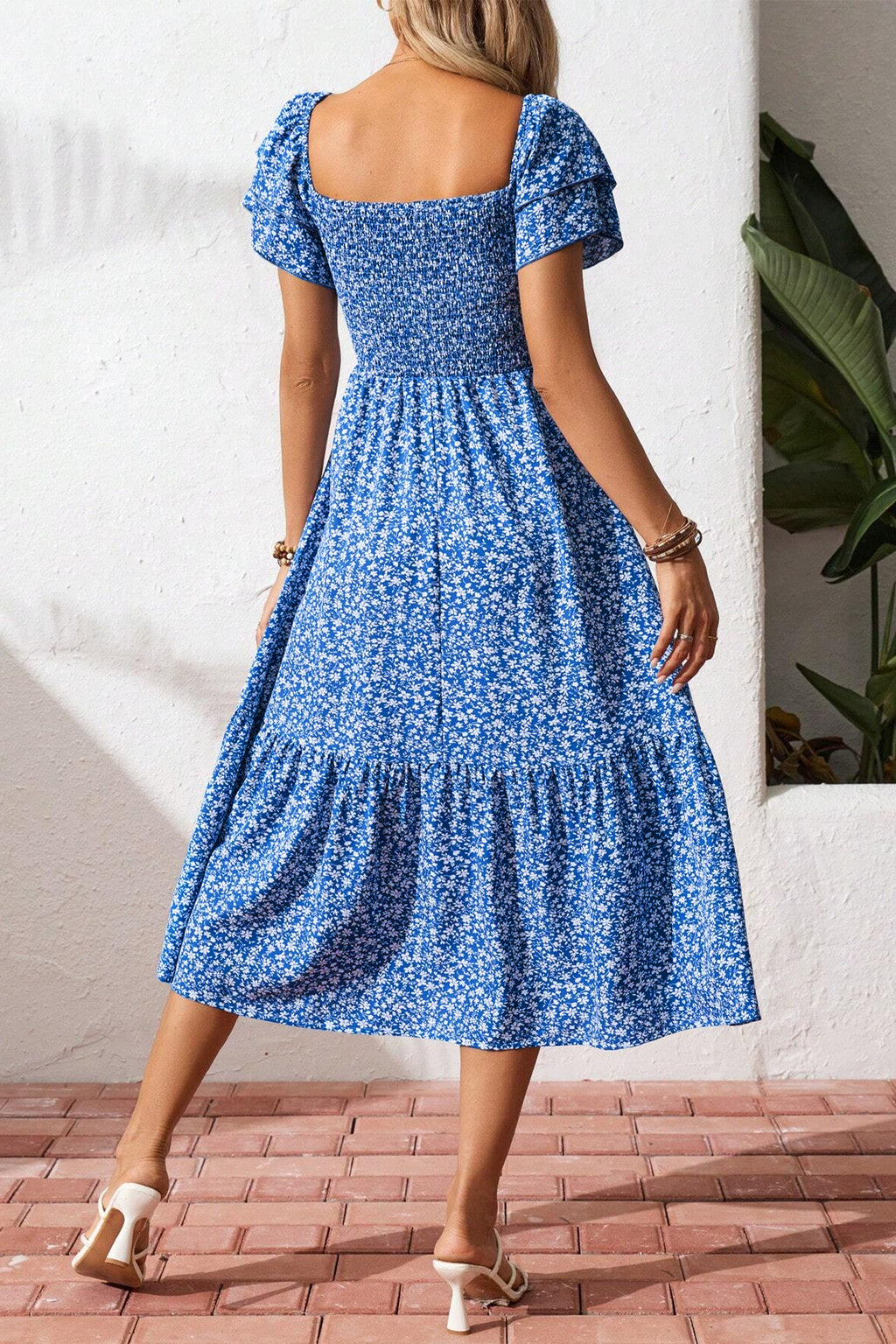 Blue Ditsy Floral Smocked Square Neck Ruffle Sleeve Midi Dress