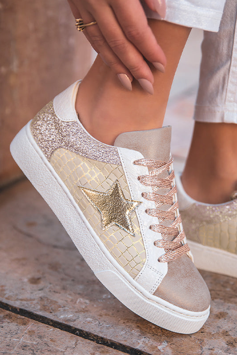 Women's Glitter Star Patchwork PU Leather Lace-Up Sneakers | Purple & Gold at LivelyLooks
