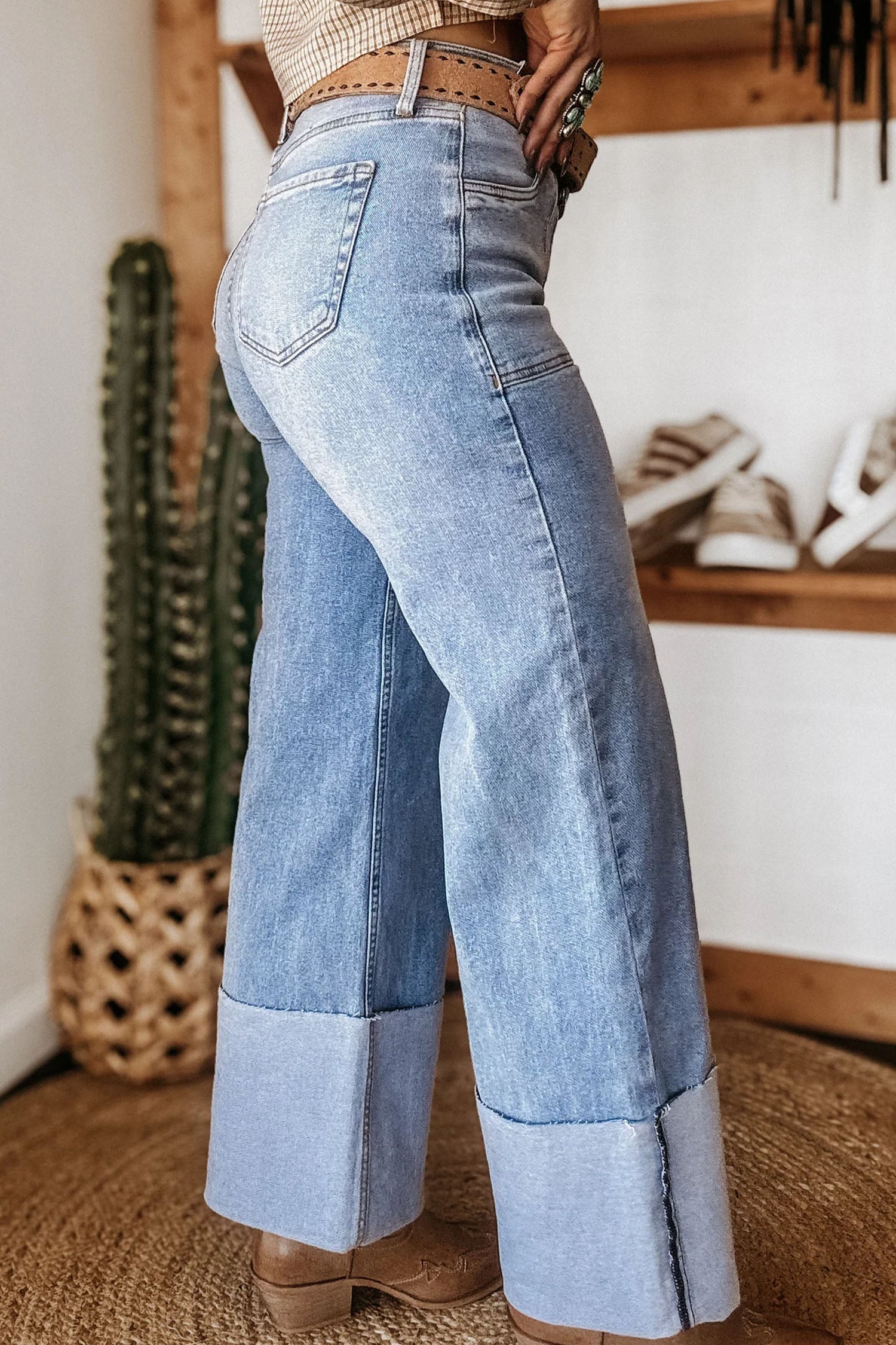 Beau Blue Turn-Up Cuff Loose Wide Leg Jeans | UK Sizes 4-16