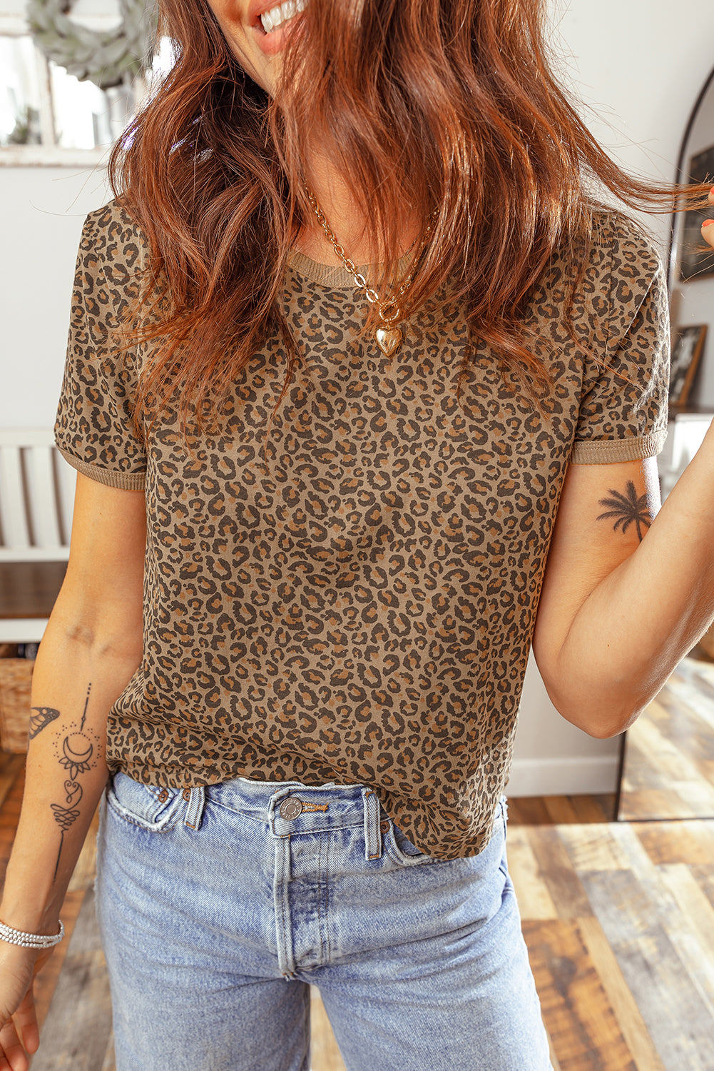 Khaki Fierce Leopard Print Crew Neck T-Shirt