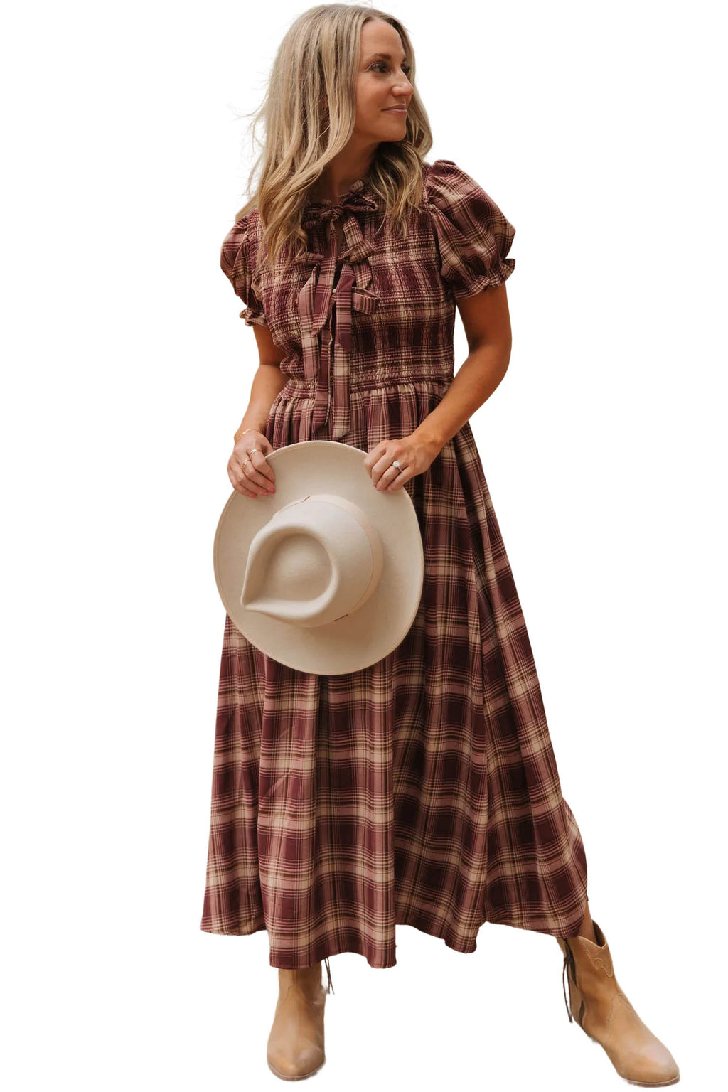 Red Vintage Plaid Knot Front Smocked High Waist Midi Dress S-XL