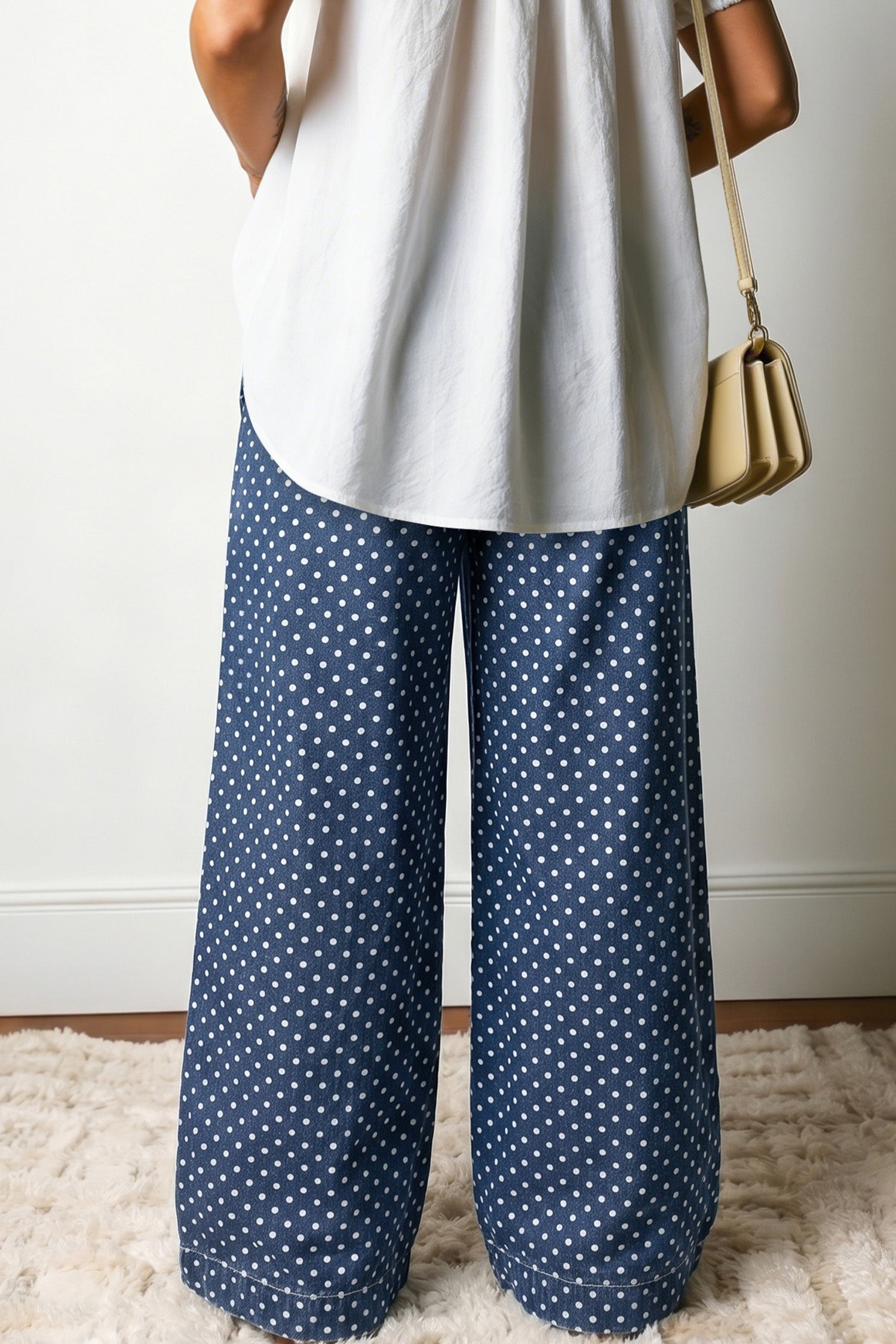 Women's Sky Blue Polka Dot Wide Leg Jeans High Waist Drawstring Button Detail at LivelyLooks