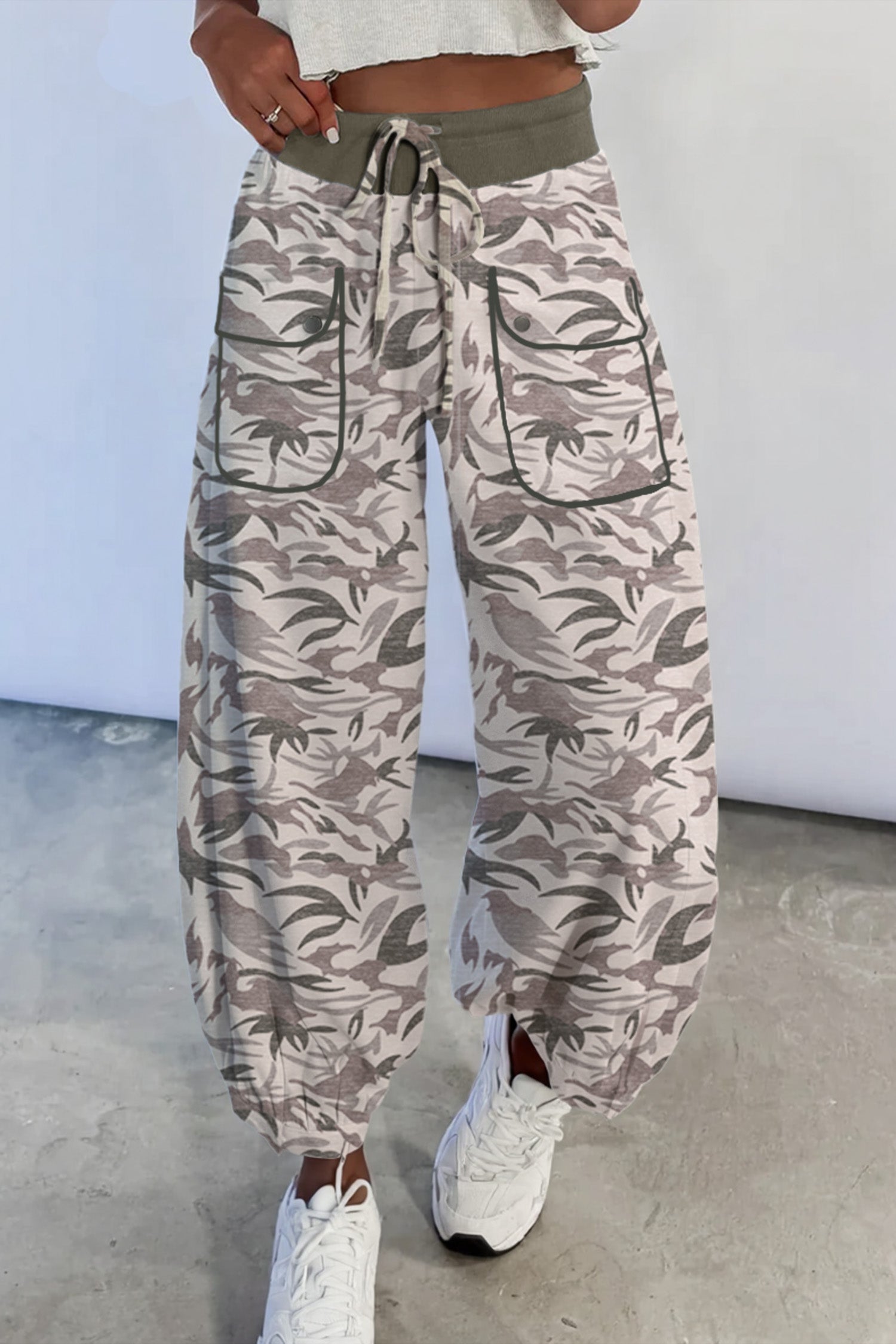 Camo Print Drawstring Cargo Barrel Pants | Khaki & Multicolour
