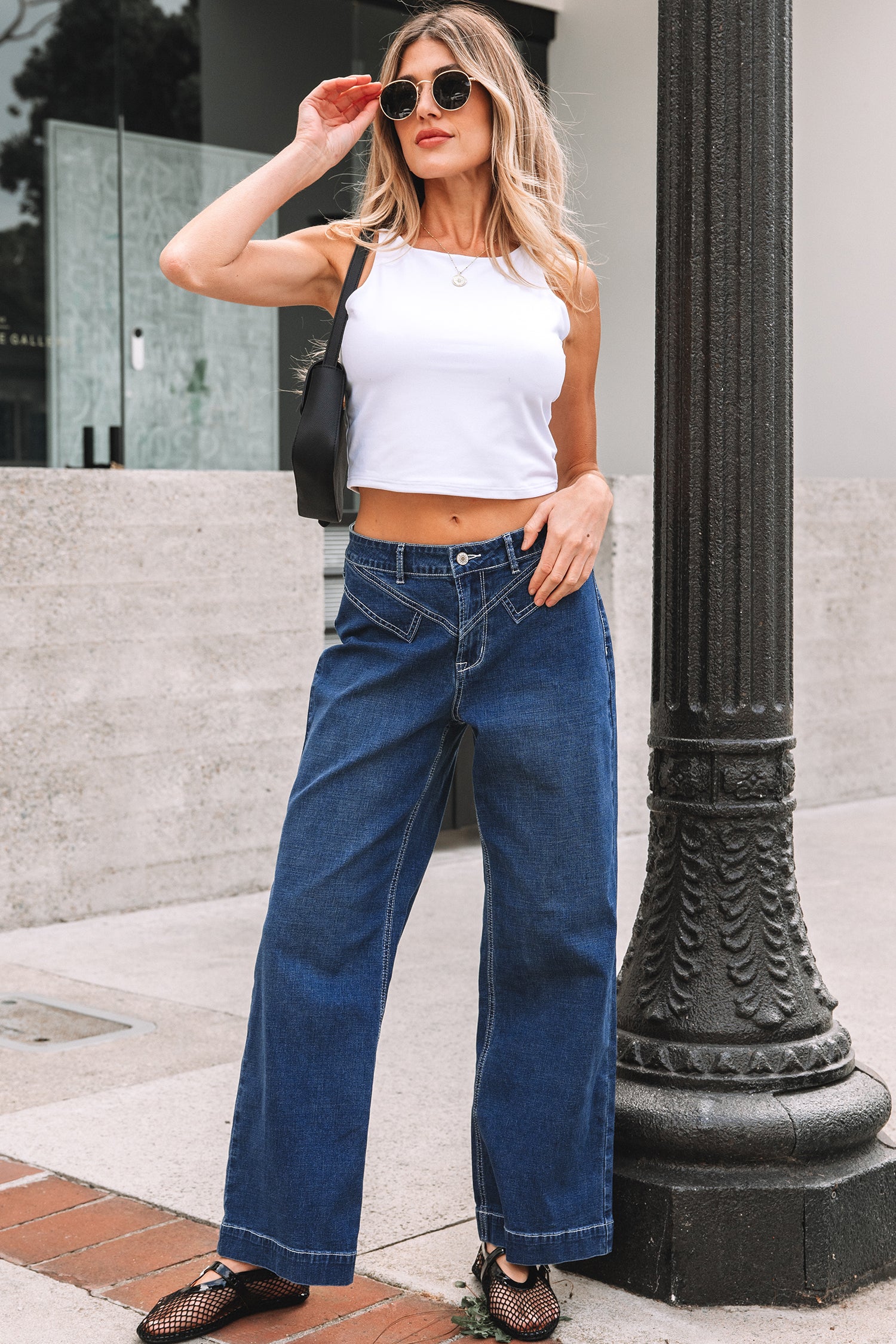 Sail Blue Loose Cuffed Jeans Stitched Waist Detail Women UK 4-16