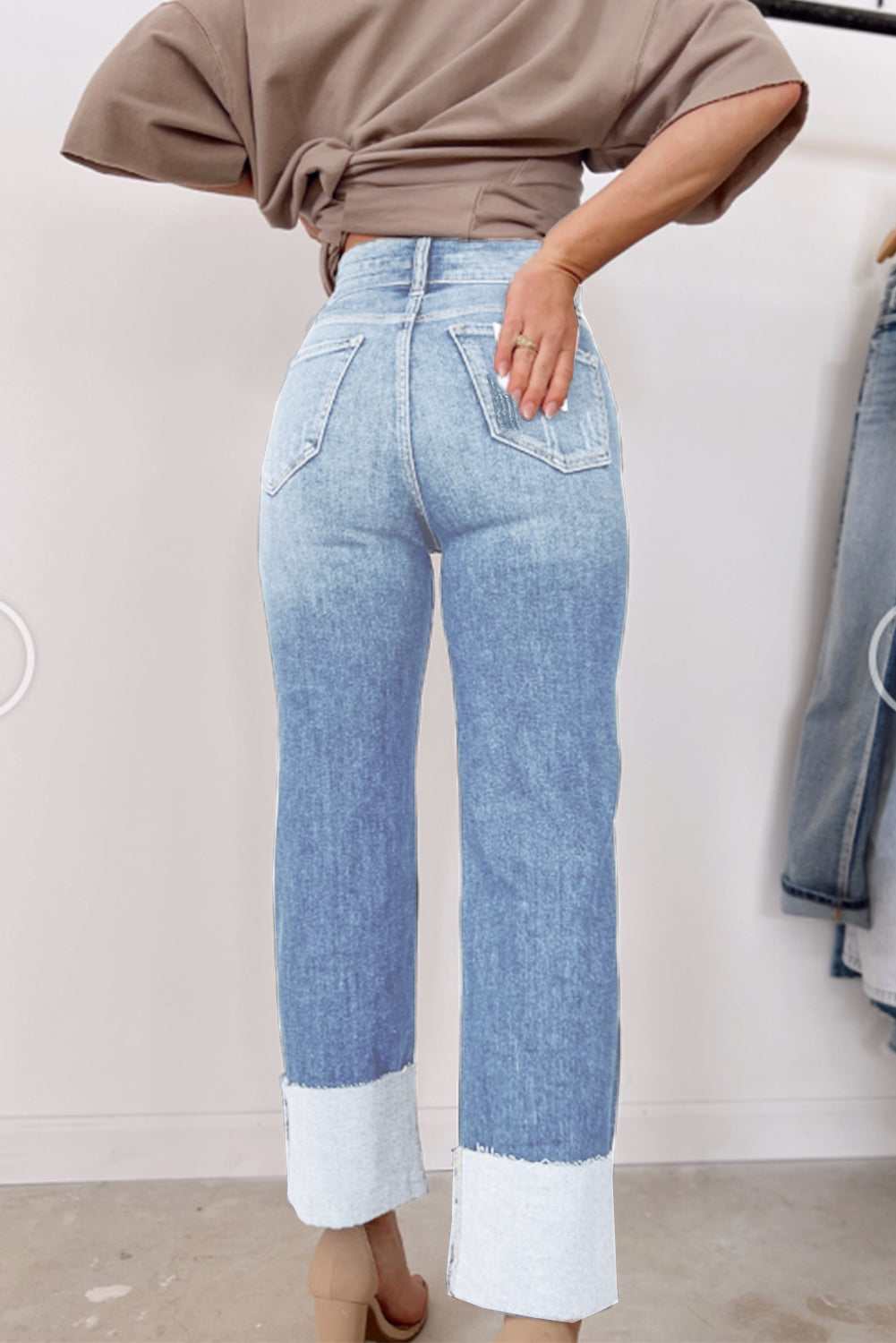 Shop Sky Blue High Waist Distressed Straight Leg Jeans UK 8-22 at LivelyLooks