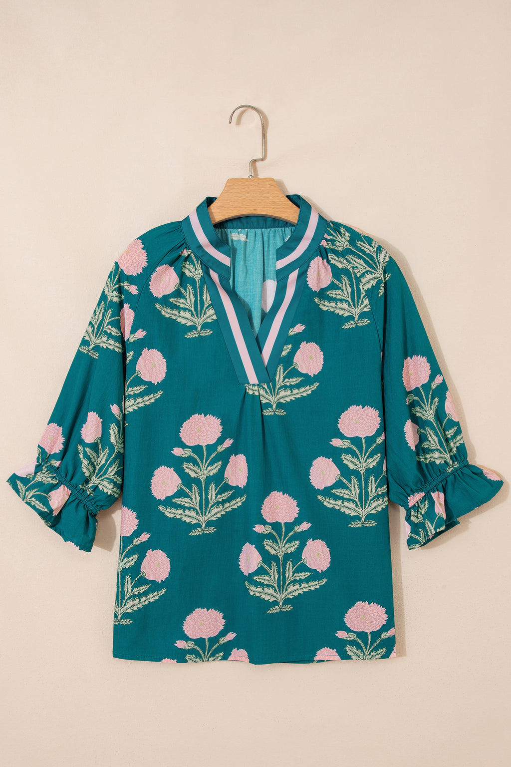 Wild Flower Print Blouse V Neck 3/4 Sleeve Green Pink Sky Blue Women S-XL