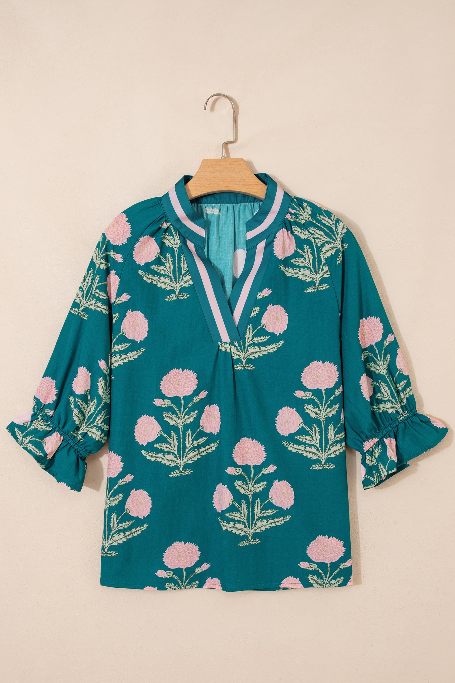 Wild Flower Print Blouse V Neck 3/4 Sleeve Green Pink Sky Blue Women S-XL
