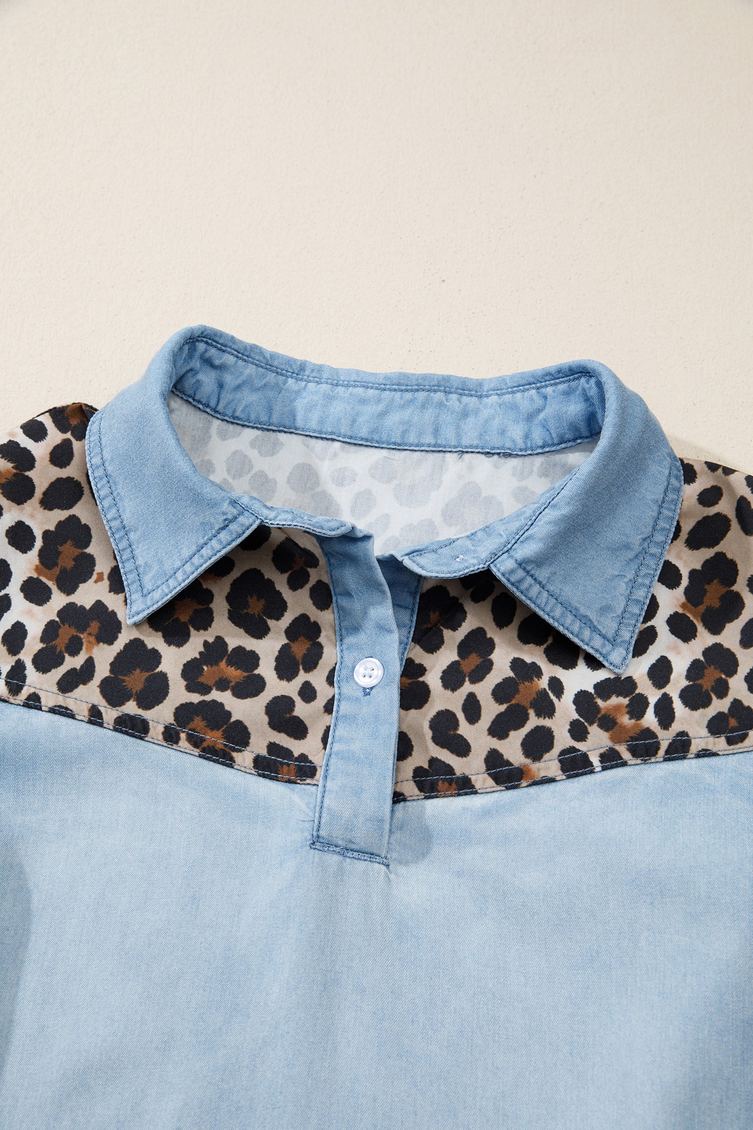 Blue Denim Colour Block Leopard Patchwork Shirt Collar Mini Dress S-XL