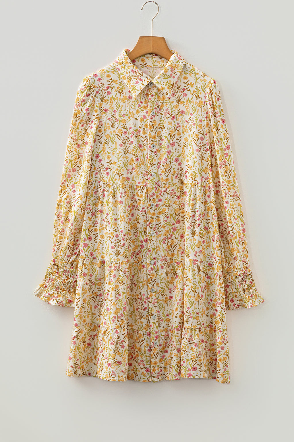 Yellow Floral Print Smocked Cuff Long Sleeve Loose Shirt Mini Dress | UK 8-22