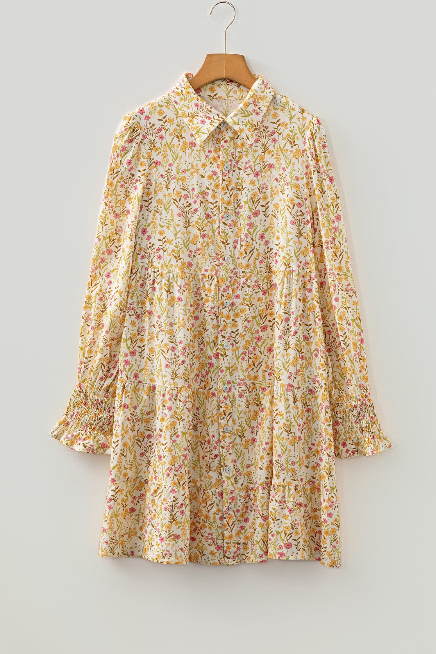Yellow Floral Print Smocked Cuff Long Sleeve Loose Shirt Mini Dress | UK 8-22