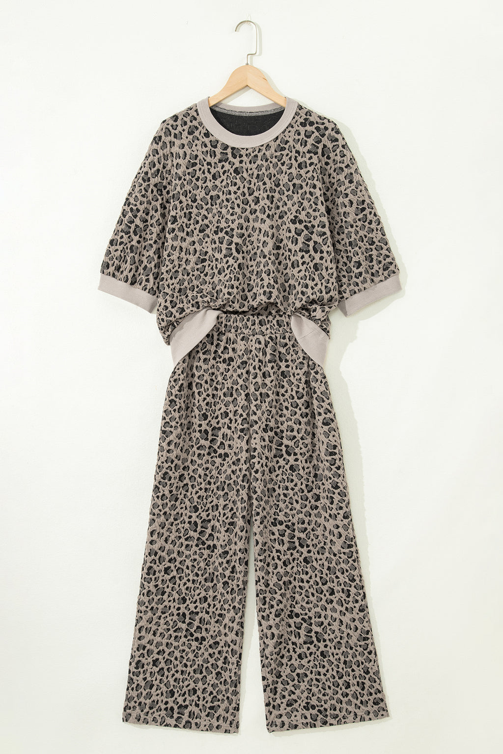 Khaki Jacquard Leopard Half Sleeve Jumper & Wide Leg Pant Set | UK 8–22