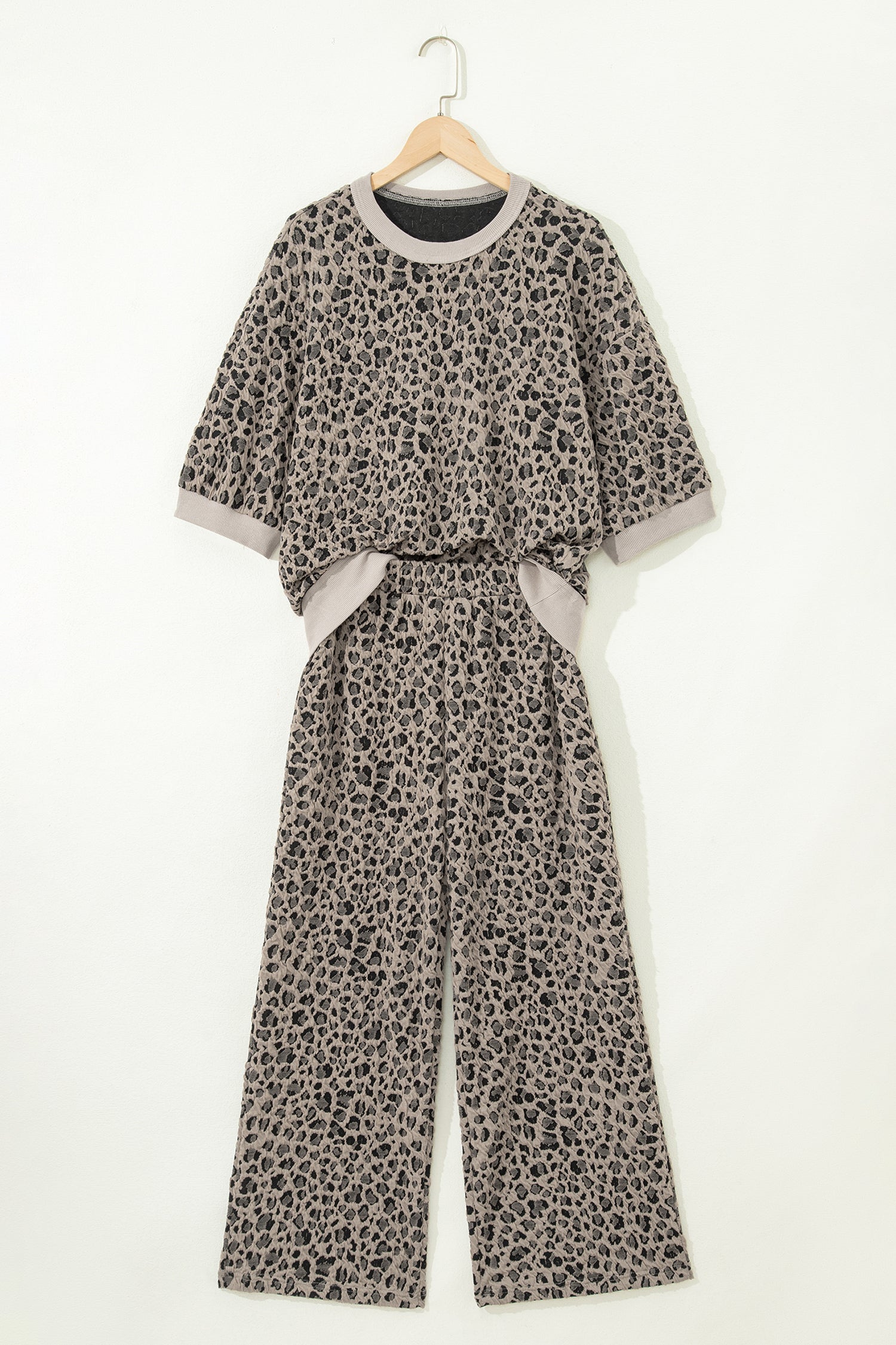 Khaki Jacquard Leopard Half Sleeve Jumper & Wide Leg Pant Set | UK 8–22