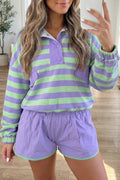 Purple Stripe Half Button Long Sleeve Top & Mix and Match Shorts Set | UK 8–16