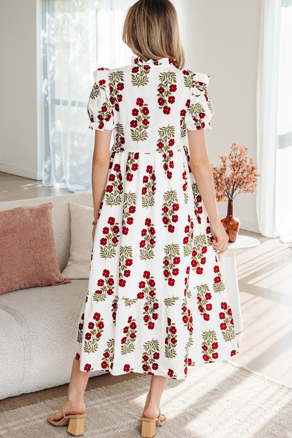 Floral Tiered Maxi Dress Bubble Sleeve Beige Black Women S-XL