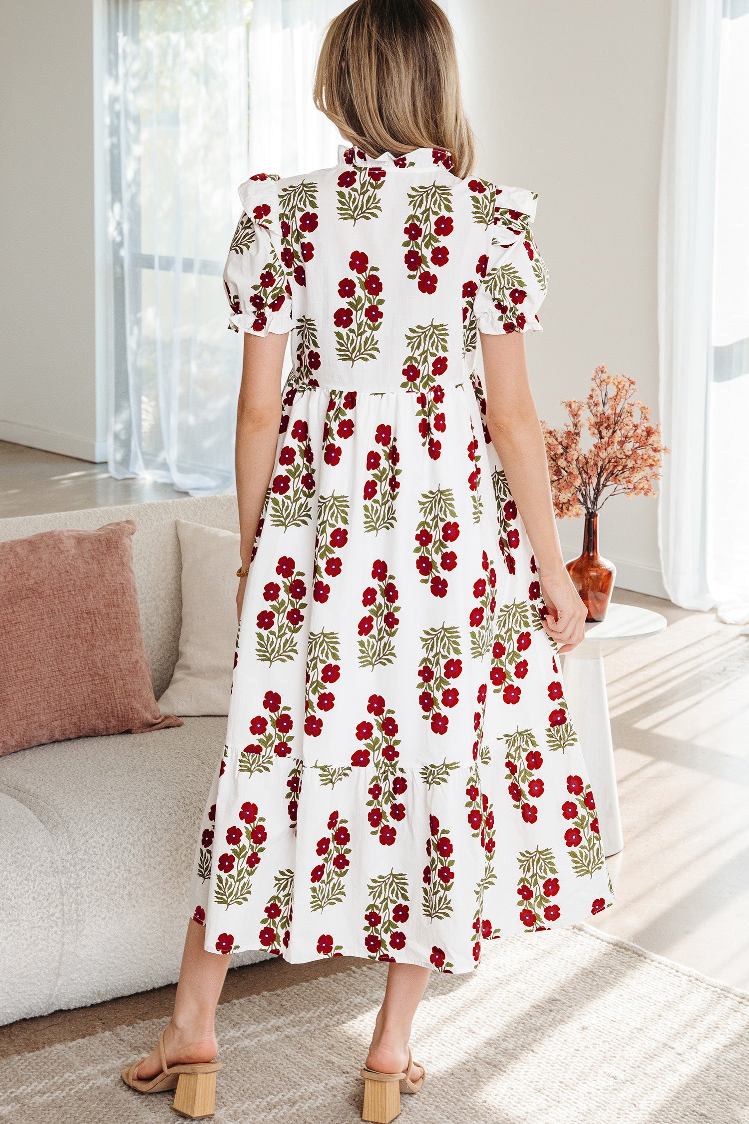 Floral Tiered Maxi Dress Bubble Sleeve Beige Black Women S-XL