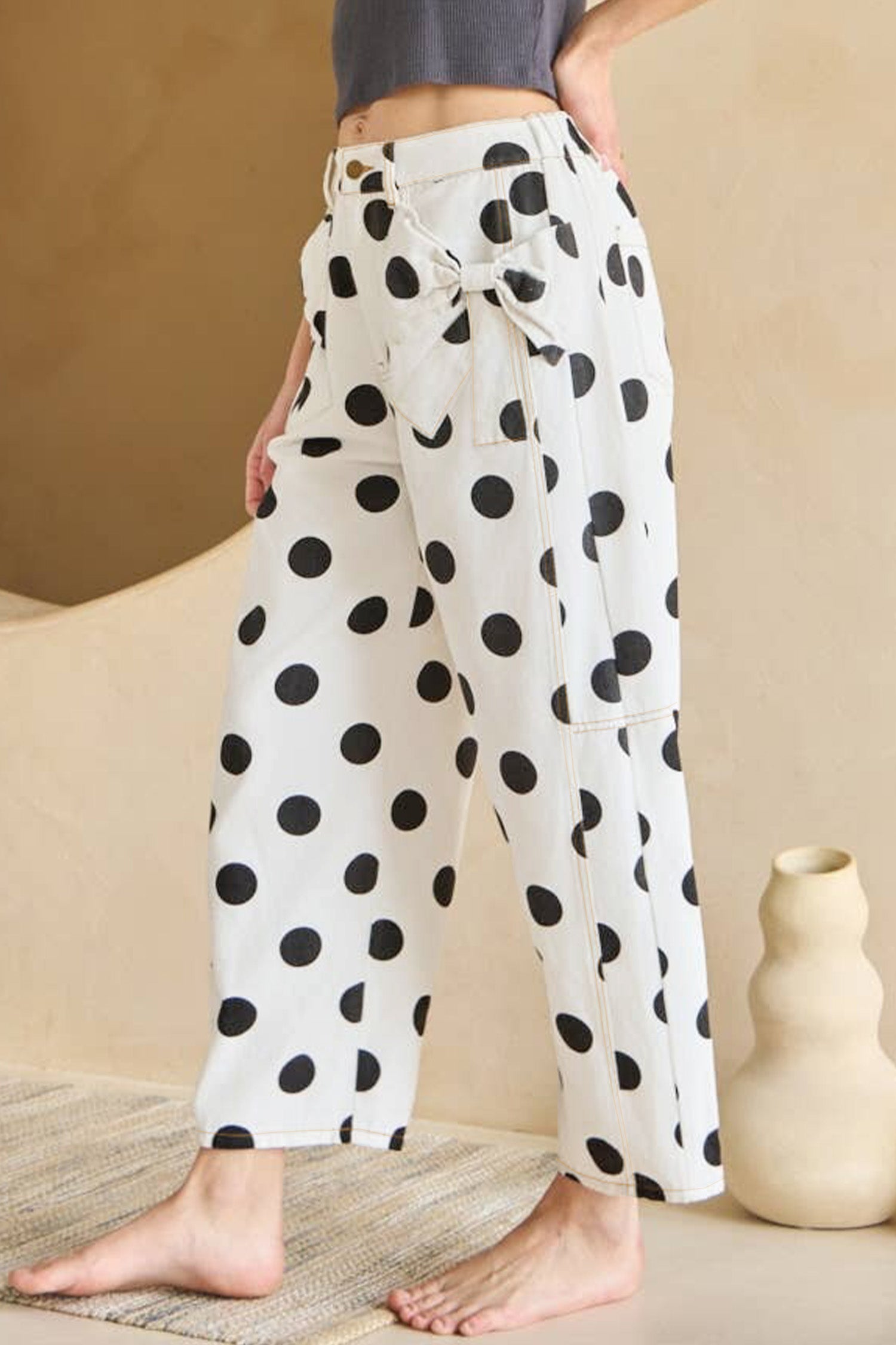 Polka Dot Print Bow Detail Pocketed Loose Jeans | White & Sky Blue