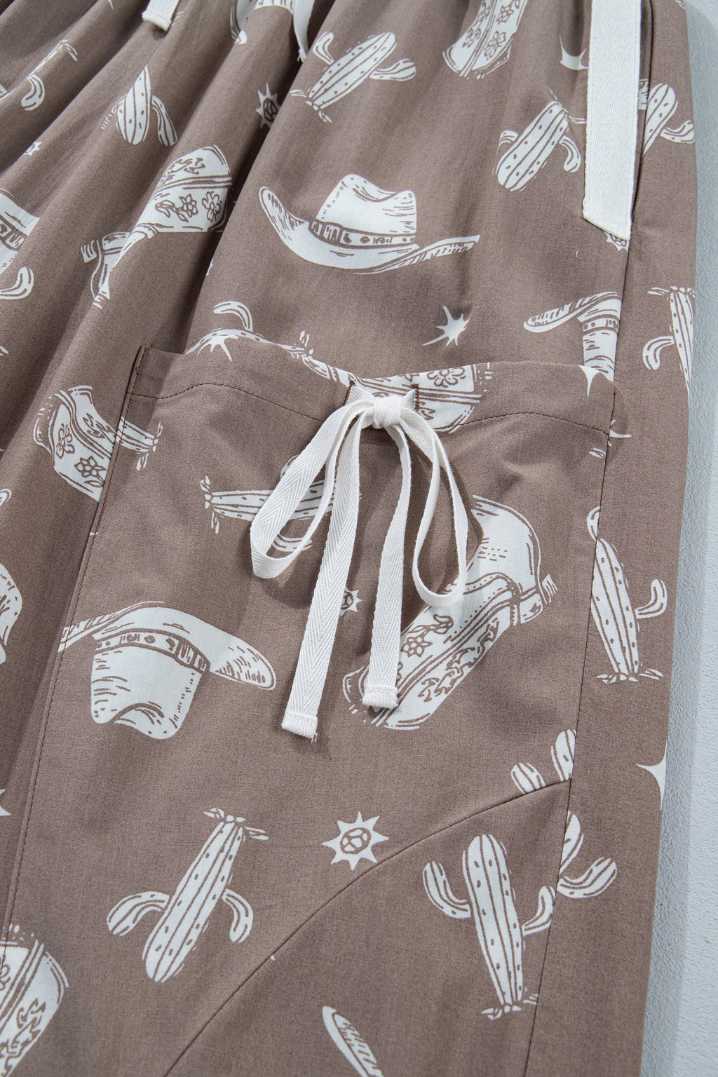 Khaki Western Cactus Cowgirl Print Vintage Drawstring Jogger Pants