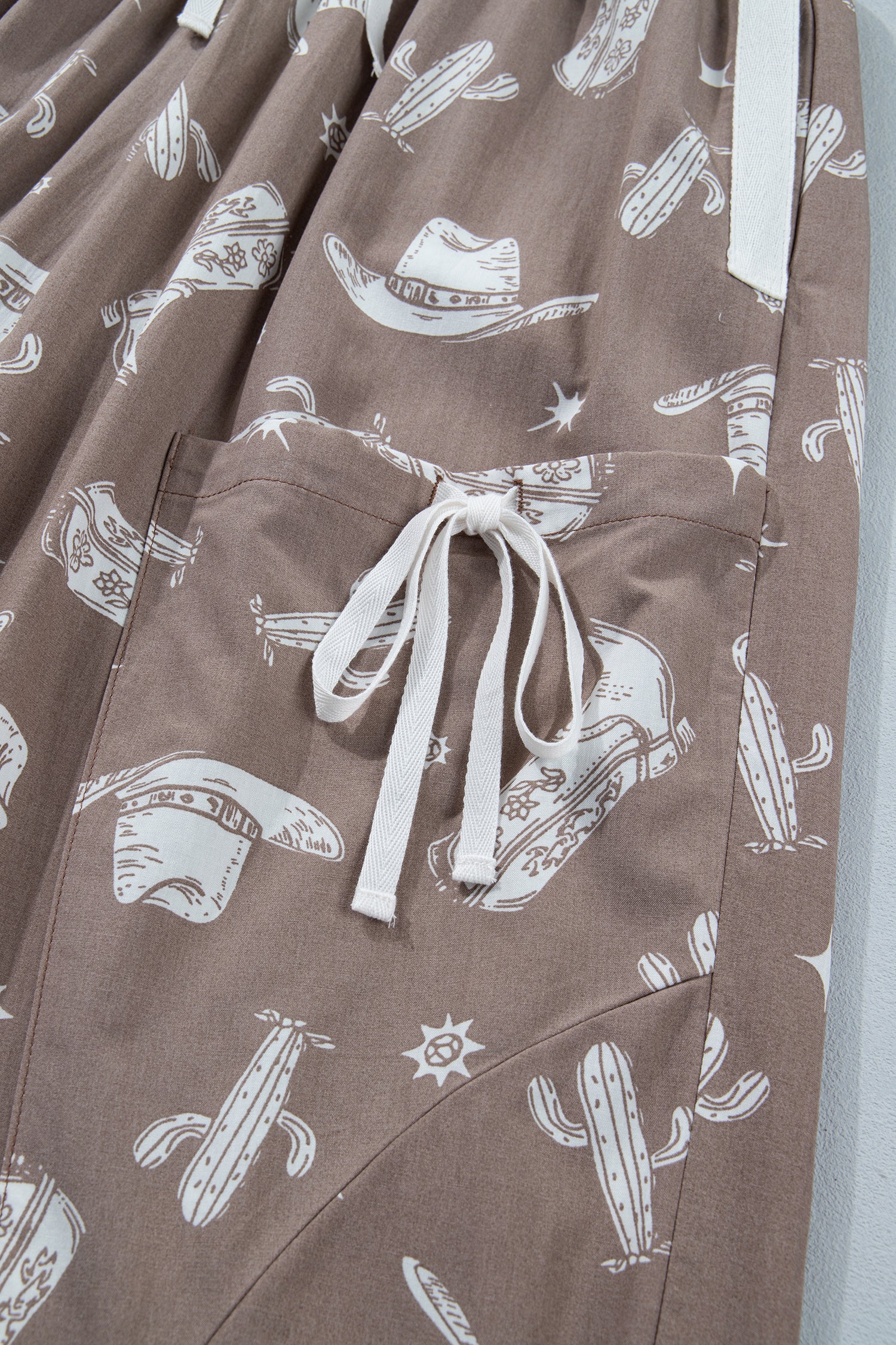 Khaki Western Cactus Cowgirl Print Vintage Drawstring Jogger Pants