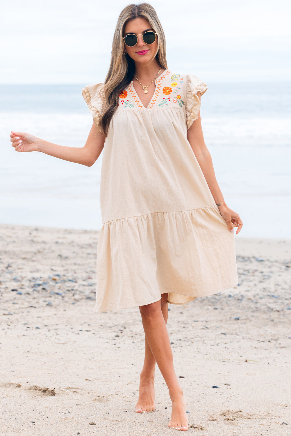 Shop Floral Embroidery Pom Pom Ruffle Sleeve Split Neck Mini Dress | S-XL at LivelyLooks