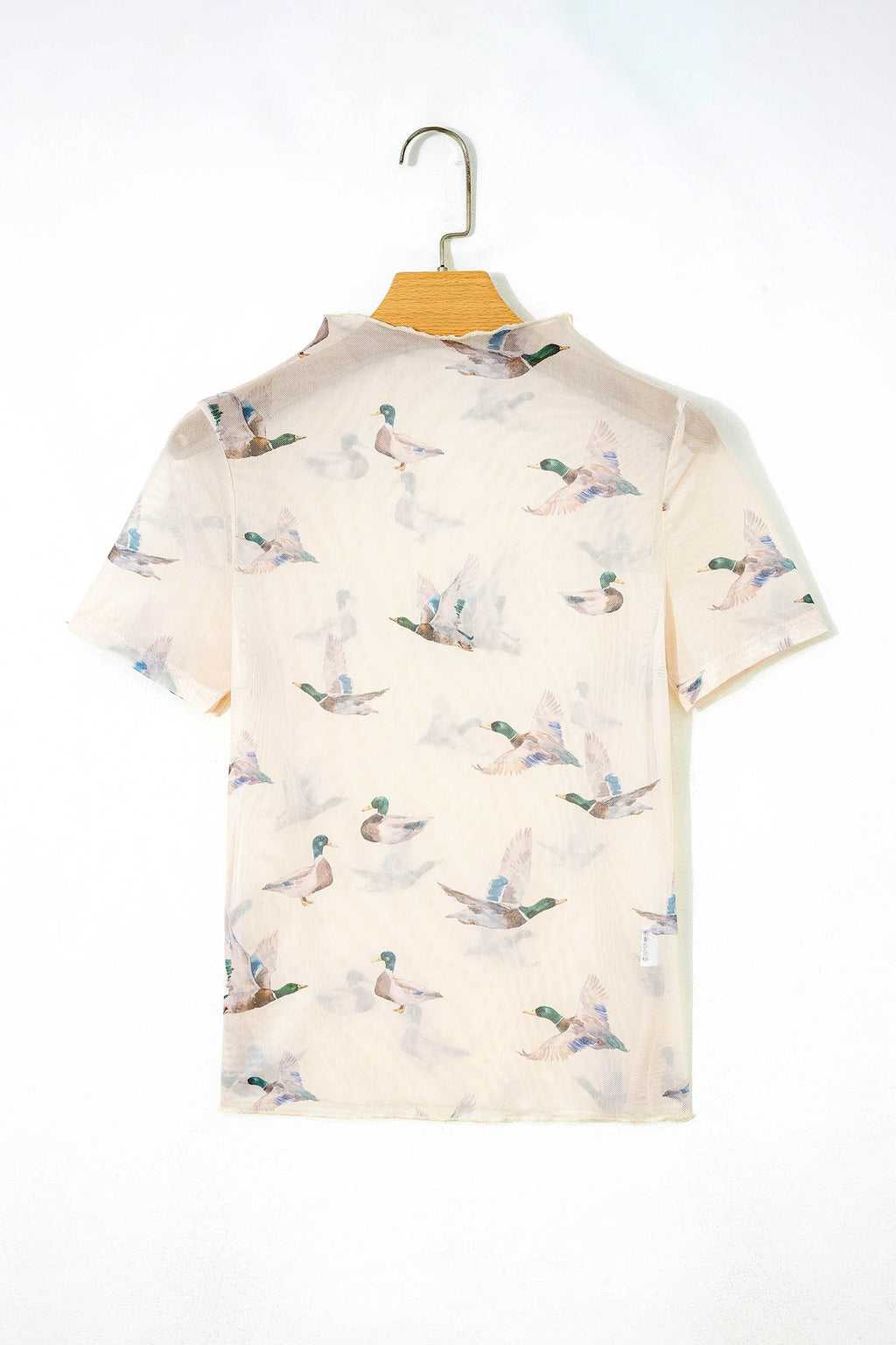 Beige Mallard Print Sheer Mesh Top Short Sleeve Women S-XL