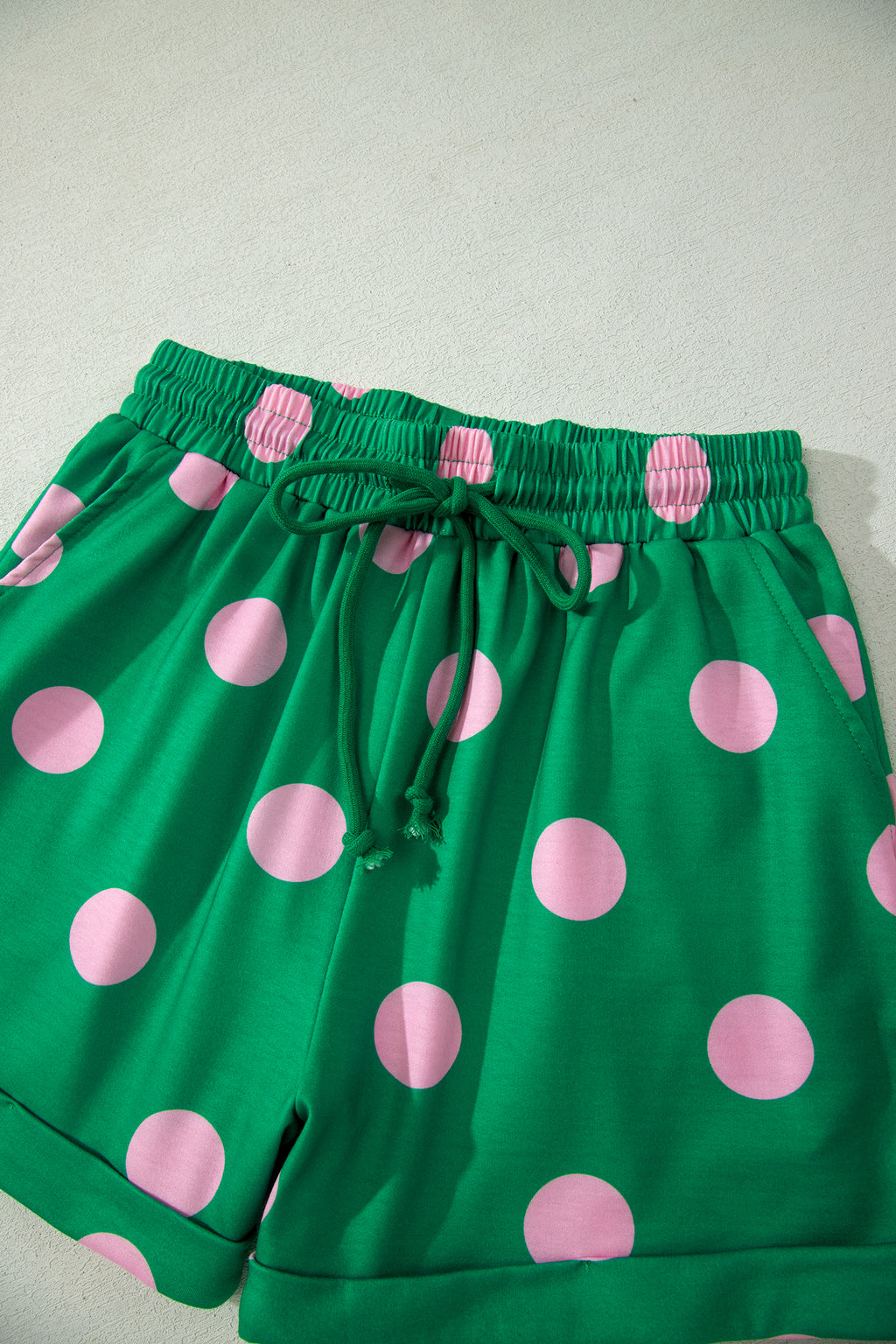 Polka Dot V-Neck Tee & Shorts Co-ord Set | Green, Pink & Beige S-XL
